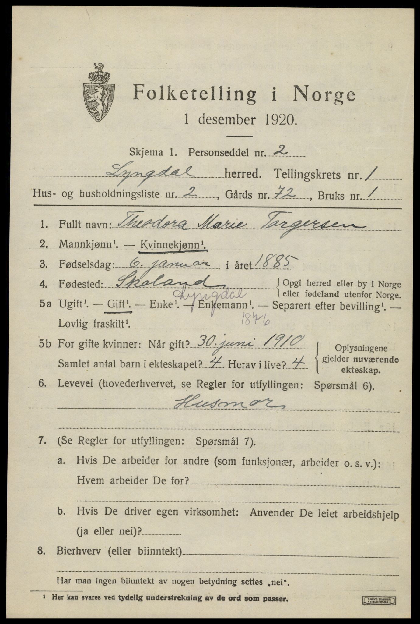 SAK, 1920 census for Lyngdal, 1920, p. 1337