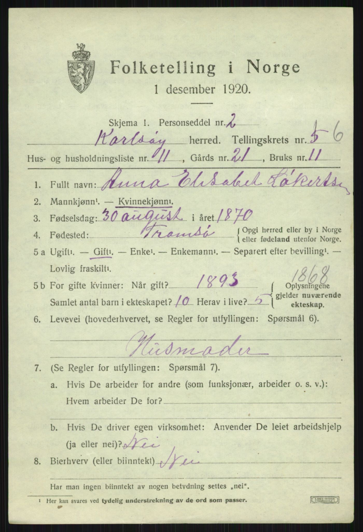 SATØ, 1920 census for Karlsøy, 1920, p. 2615