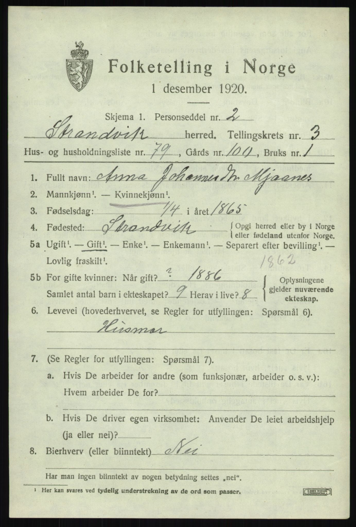 SAB, 1920 census for Strandvik, 1920, p. 3136