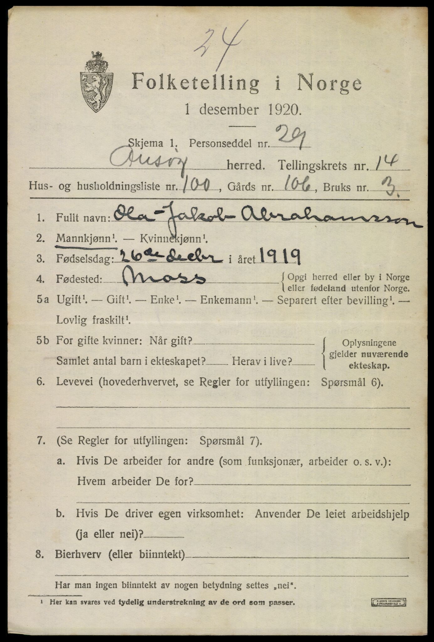 SAO, 1920 census for Onsøy, 1920, p. 17462