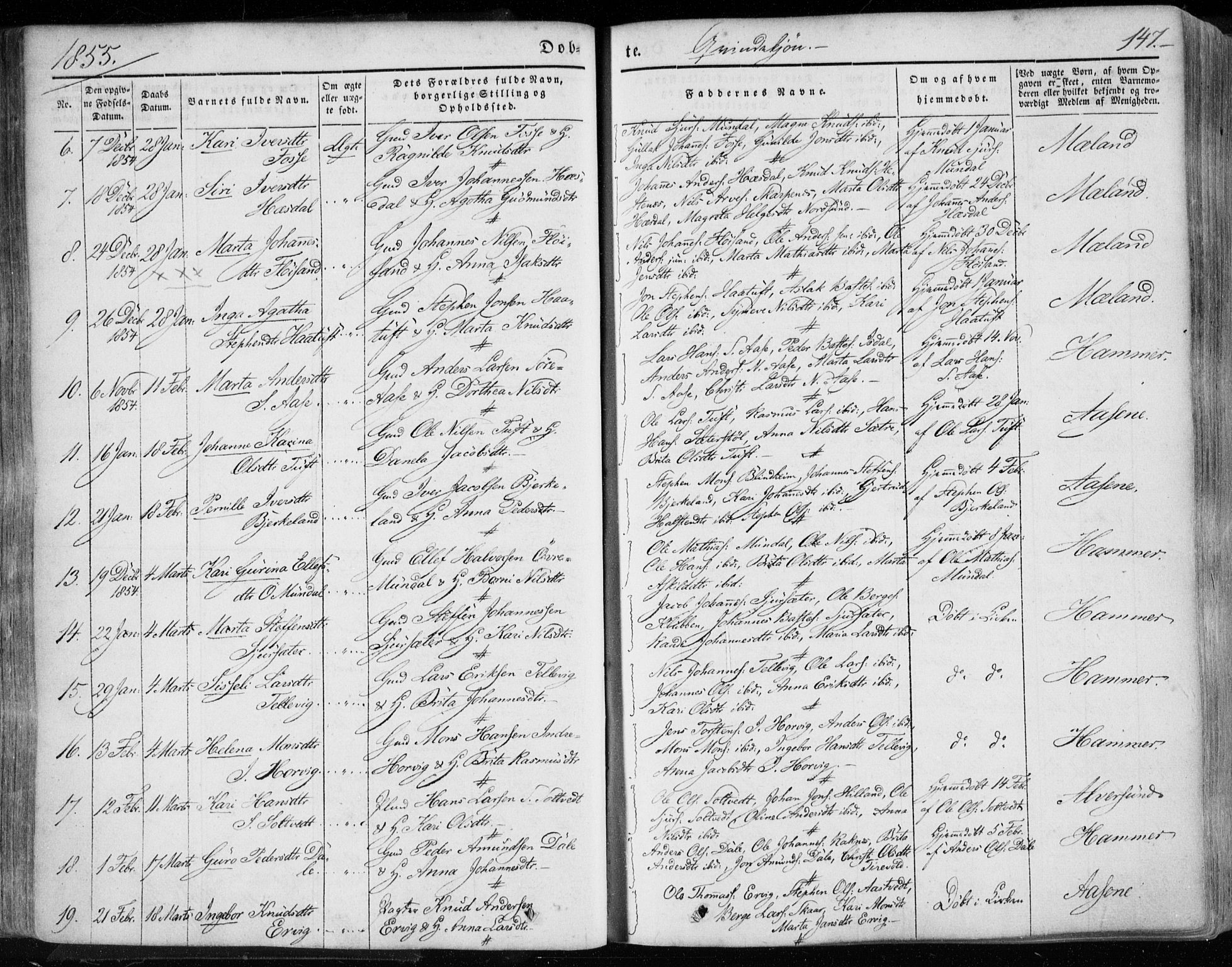 Hamre sokneprestembete, AV/SAB-A-75501/H/Ha/Haa/Haaa/L0013: Parish register (official) no. A 13, 1846-1857, p. 147