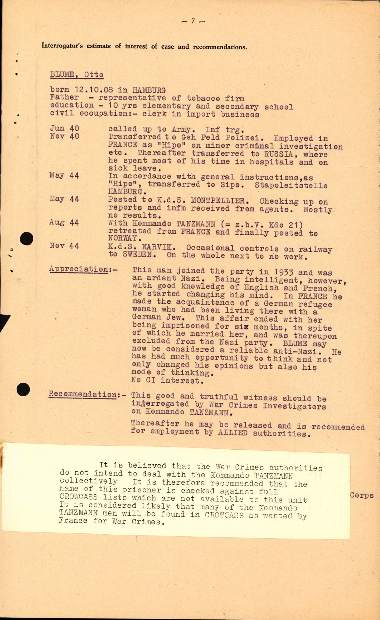 Forsvaret, Forsvarets overkommando II, RA/RAFA-3915/D/Db/L0003: CI Questionaires. Tyske okkupasjonsstyrker i Norge. Tyskere., 1945-1946, p. 479