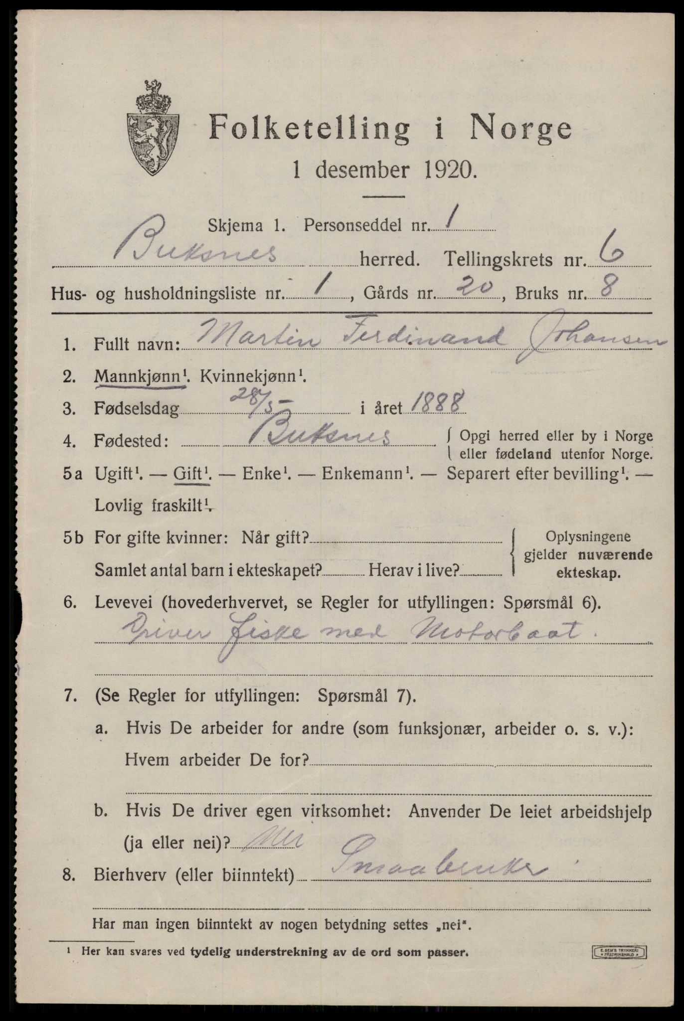 SAT, 1920 census for Buksnes, 1920, p. 5967