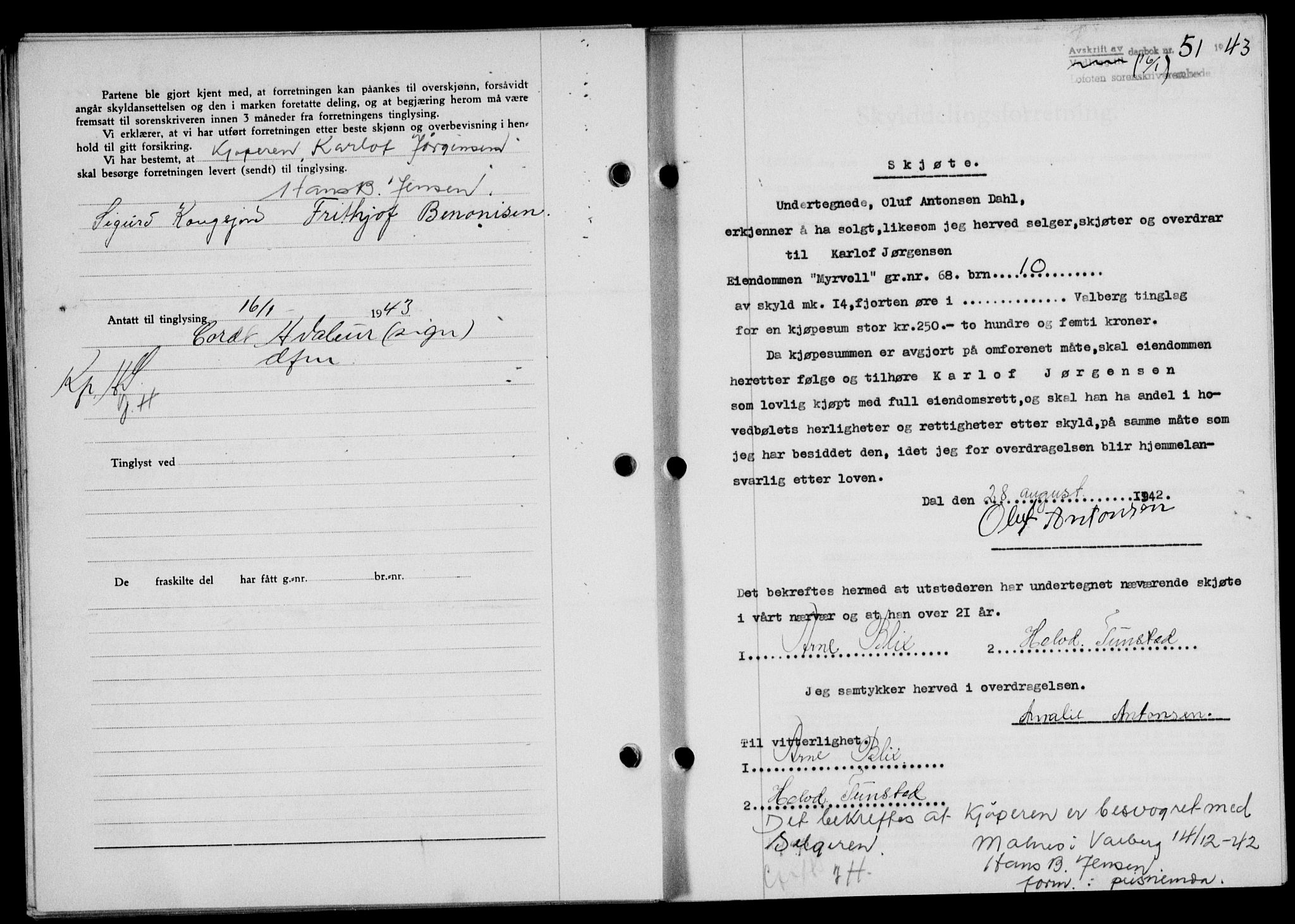 Lofoten sorenskriveri, SAT/A-0017/1/2/2C/L0010a: Mortgage book no. 10a, 1942-1943, Diary no: : 51/1943