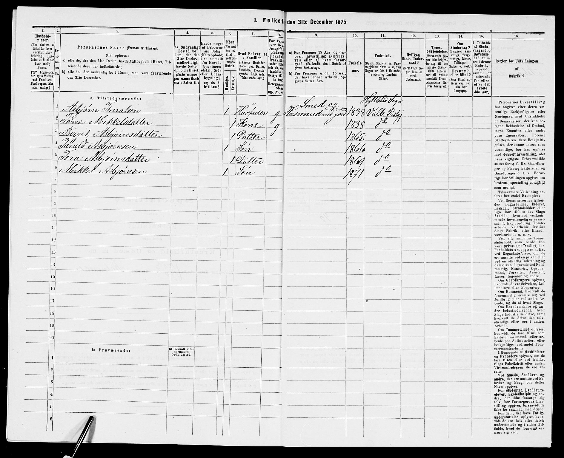 SAK, 1875 census for 0940P Valle, 1875, p. 154