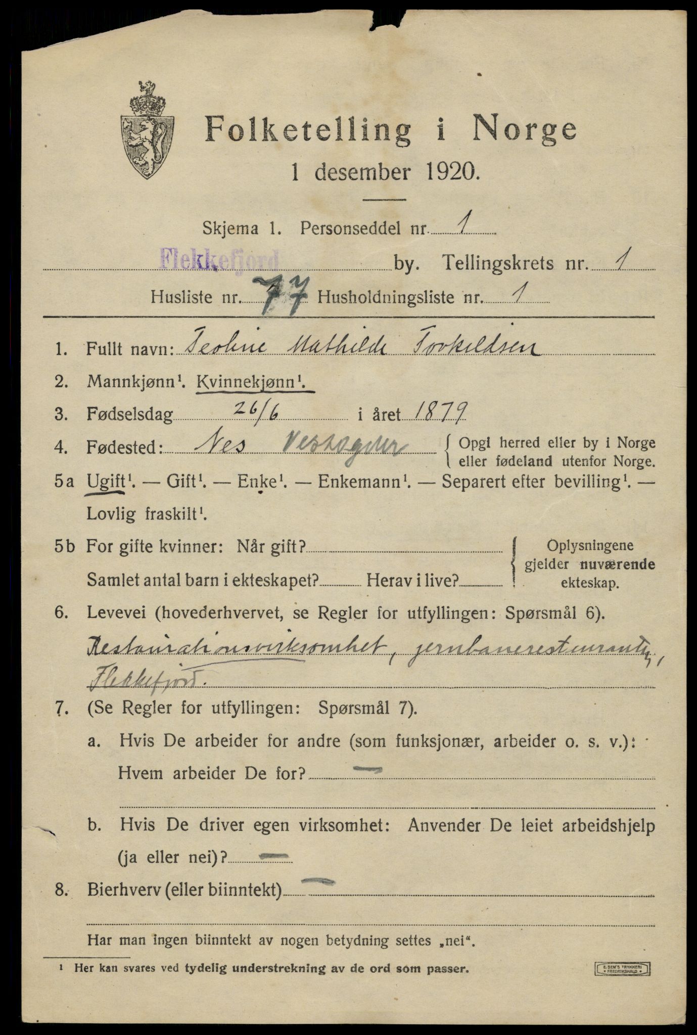 SAK, 1920 census for Flekkefjord, 1920, p. 2490