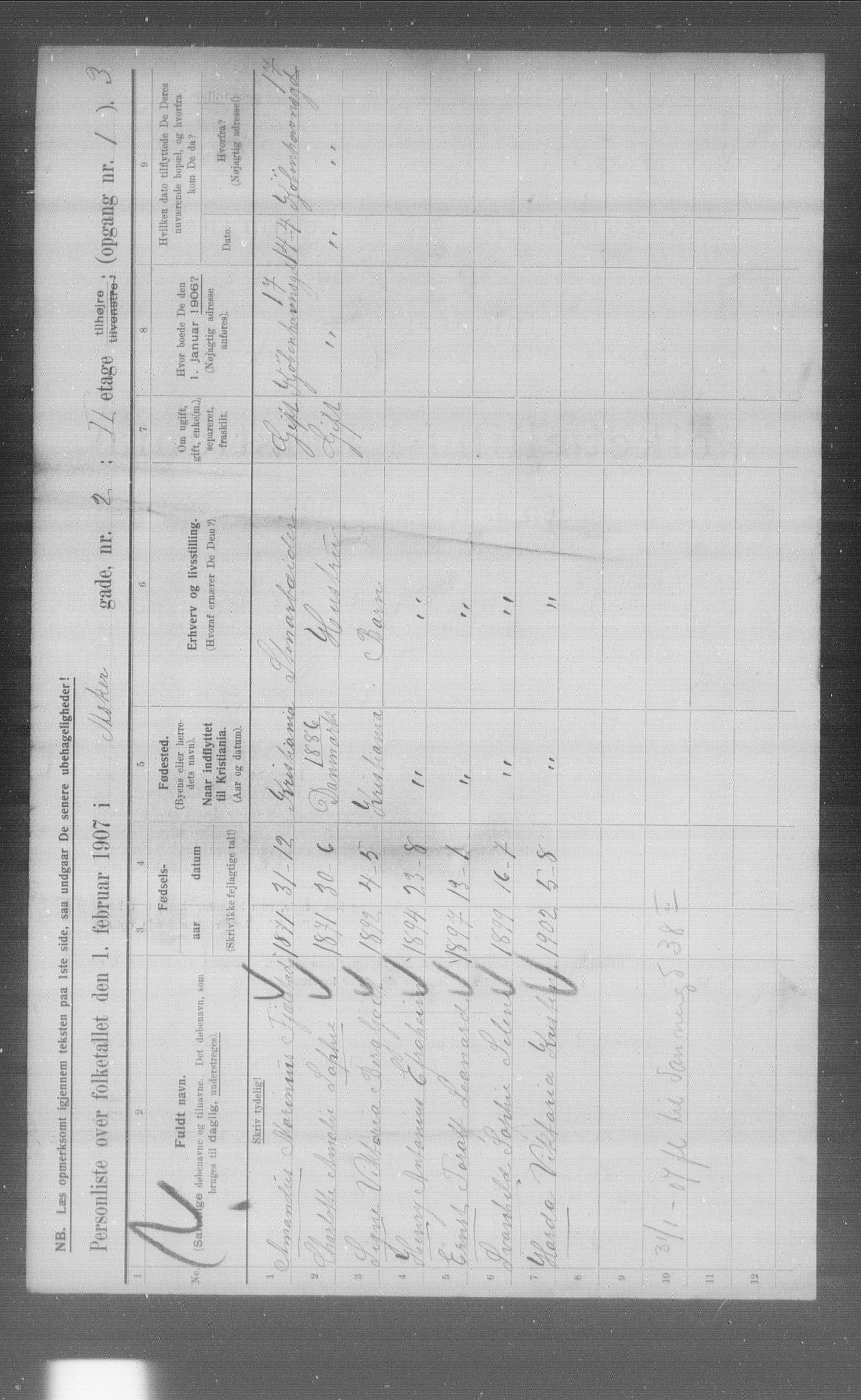 OBA, Municipal Census 1907 for Kristiania, 1907, p. 1325