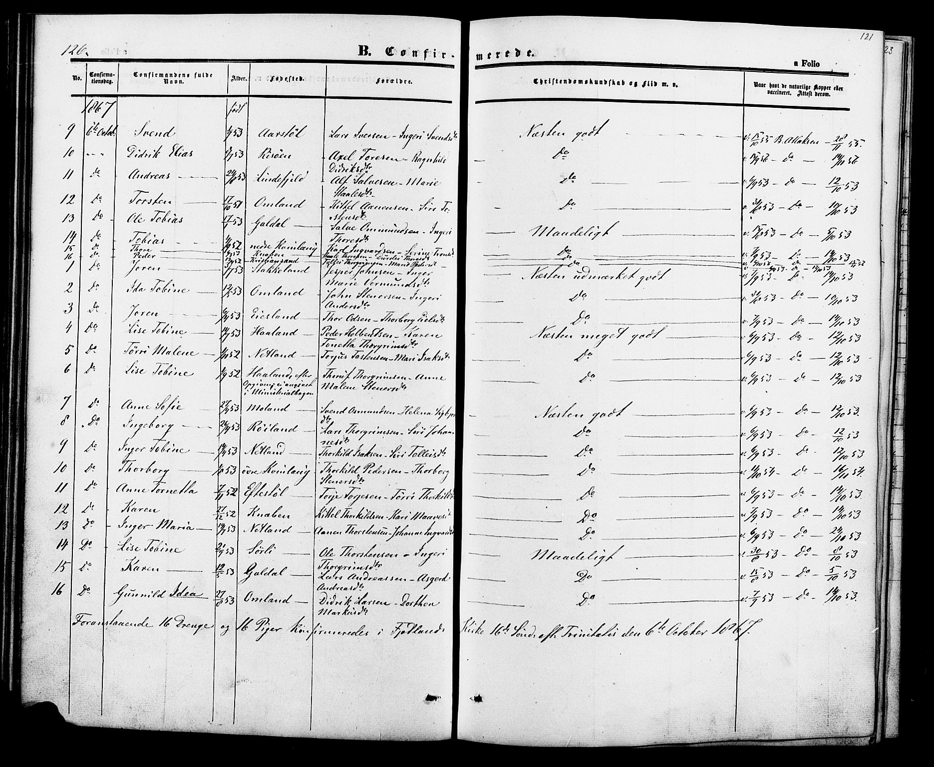 Fjotland sokneprestkontor, AV/SAK-1111-0010/F/Fa/L0001: Parish register (official) no. A 1, 1850-1879, p. 121