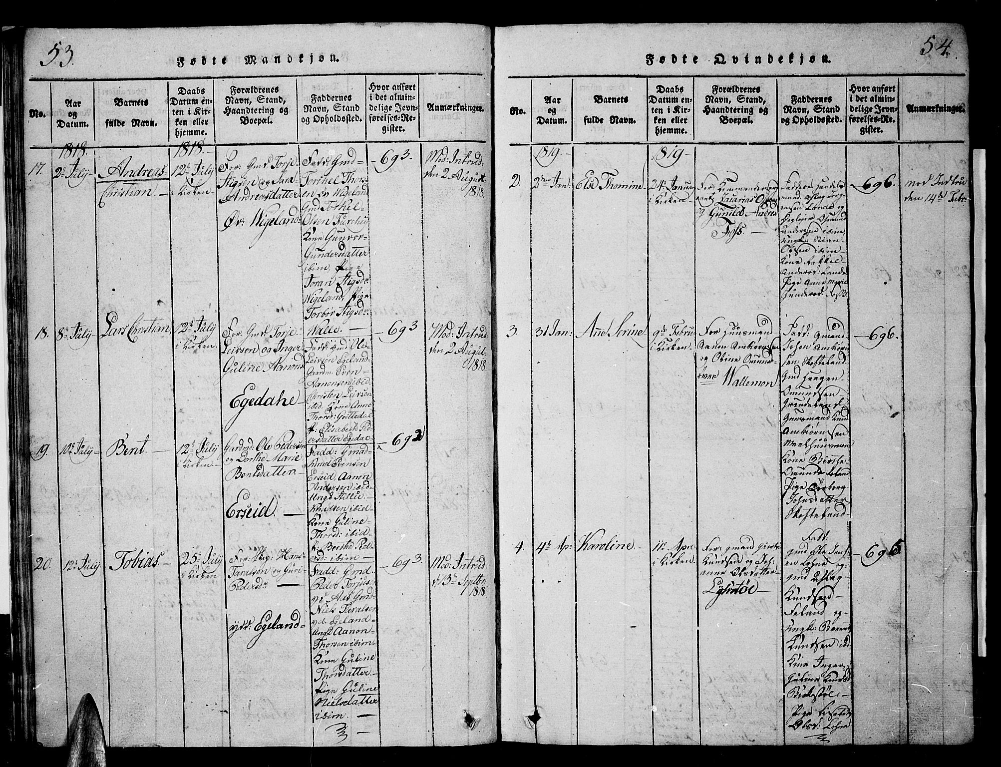 Sør-Audnedal sokneprestkontor, SAK/1111-0039/F/Fb/Fbb/L0001: Parish register (copy) no. B 1, 1815-1827, p. 53-54