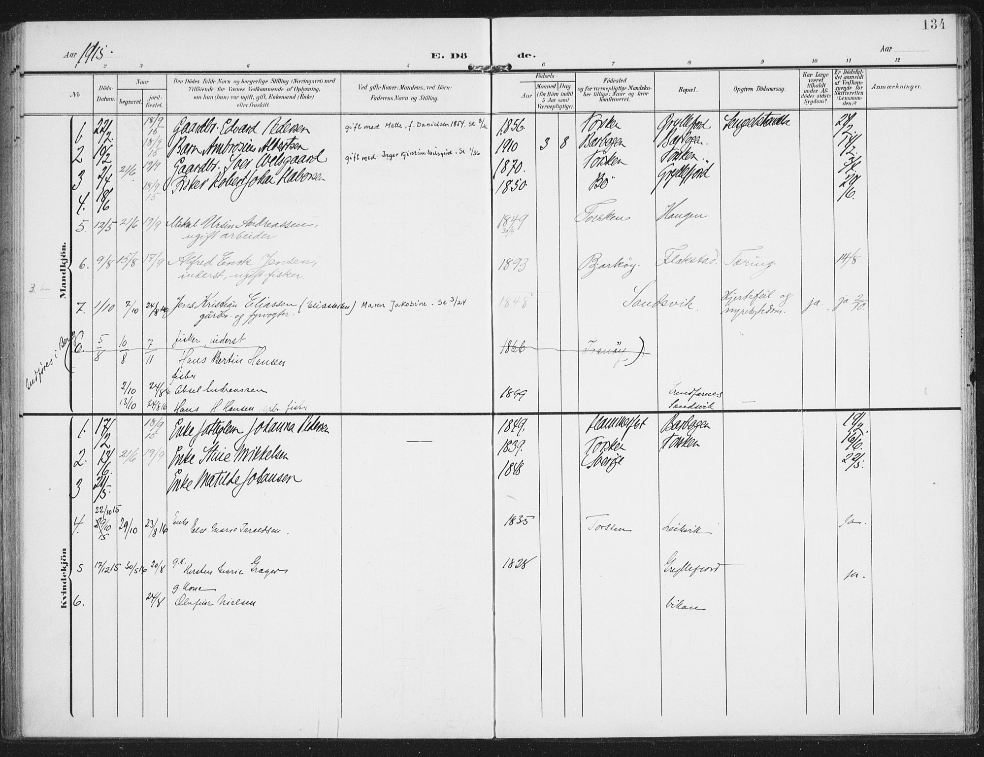 Berg sokneprestkontor, AV/SATØ-S-1318/G/Ga/Gaa/L0008kirke: Parish register (official) no. 8, 1904-1916, p. 134