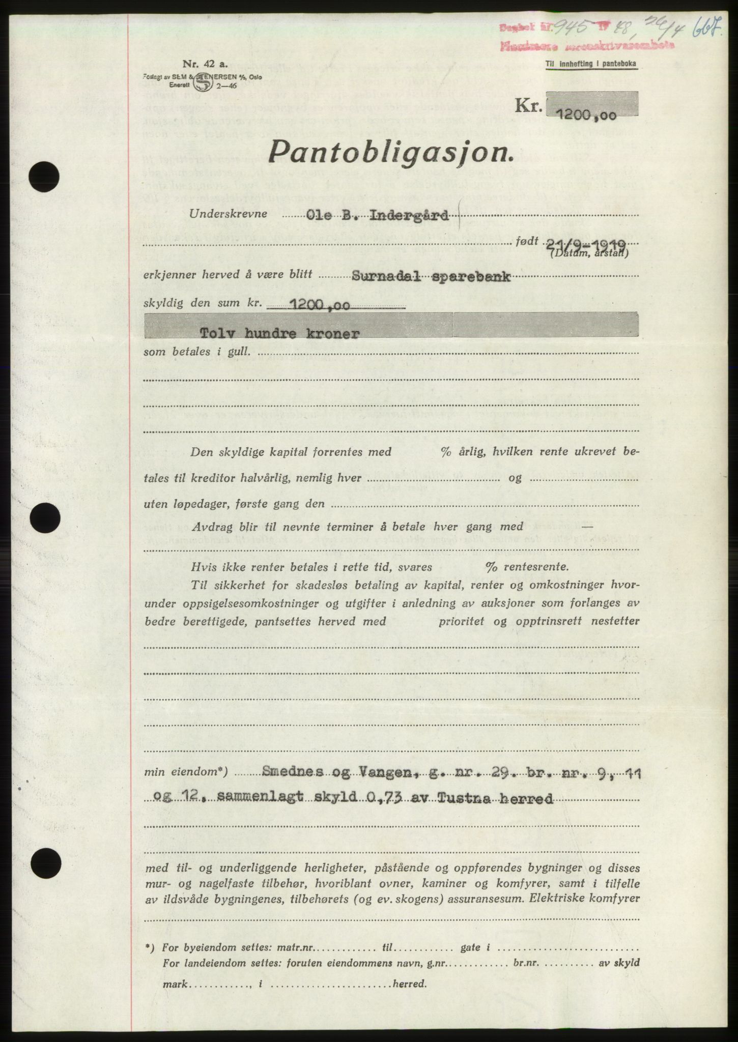 Nordmøre sorenskriveri, AV/SAT-A-4132/1/2/2Ca: Mortgage book no. B98, 1948-1948, Diary no: : 945/1948