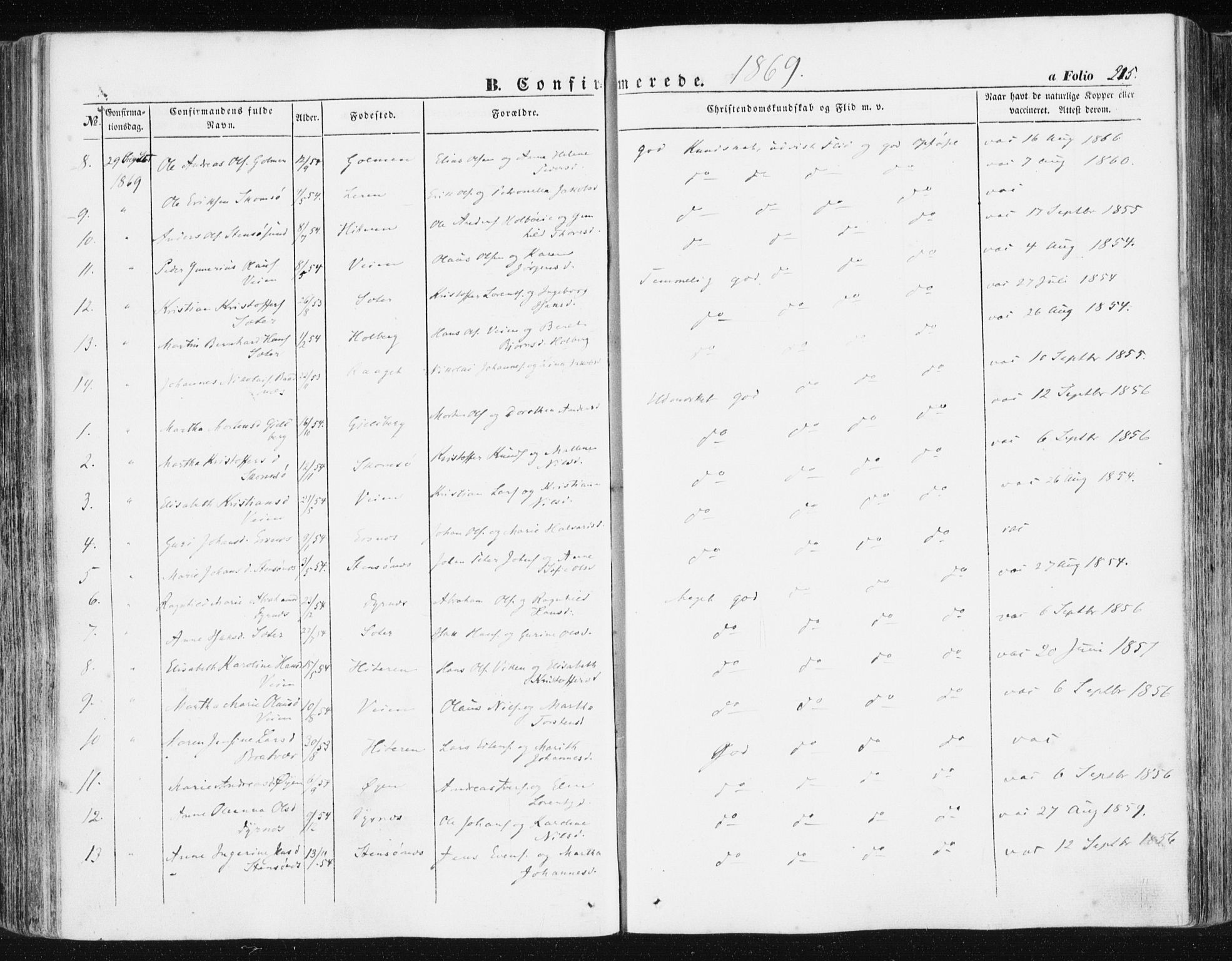 Ministerialprotokoller, klokkerbøker og fødselsregistre - Møre og Romsdal, AV/SAT-A-1454/581/L0937: Parish register (official) no. 581A05, 1853-1872, p. 215