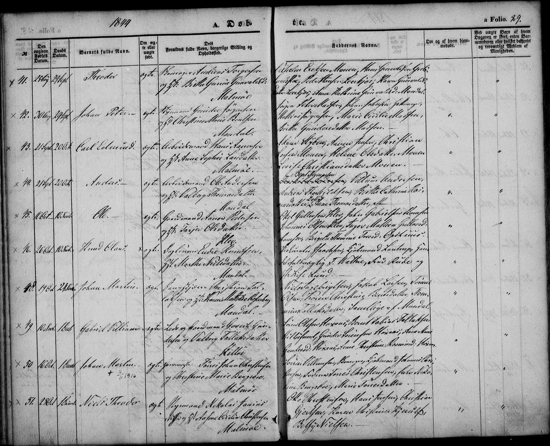 Mandal sokneprestkontor, SAK/1111-0030/F/Fa/Faa/L0012: Parish register (official) no. A 12, 1840-1847, p. 29
