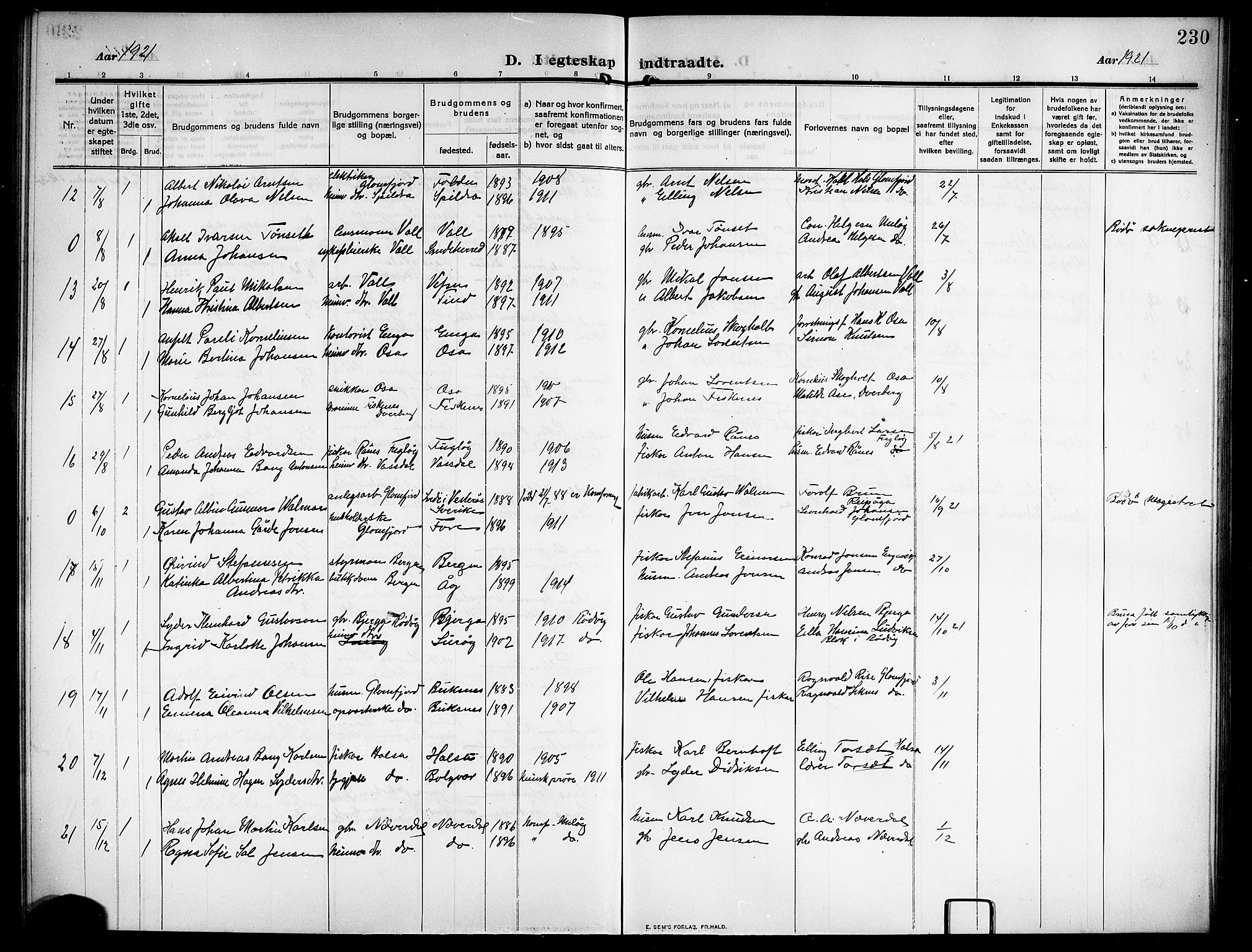 Ministerialprotokoller, klokkerbøker og fødselsregistre - Nordland, AV/SAT-A-1459/843/L0639: Parish register (copy) no. 843C08, 1908-1924, p. 230