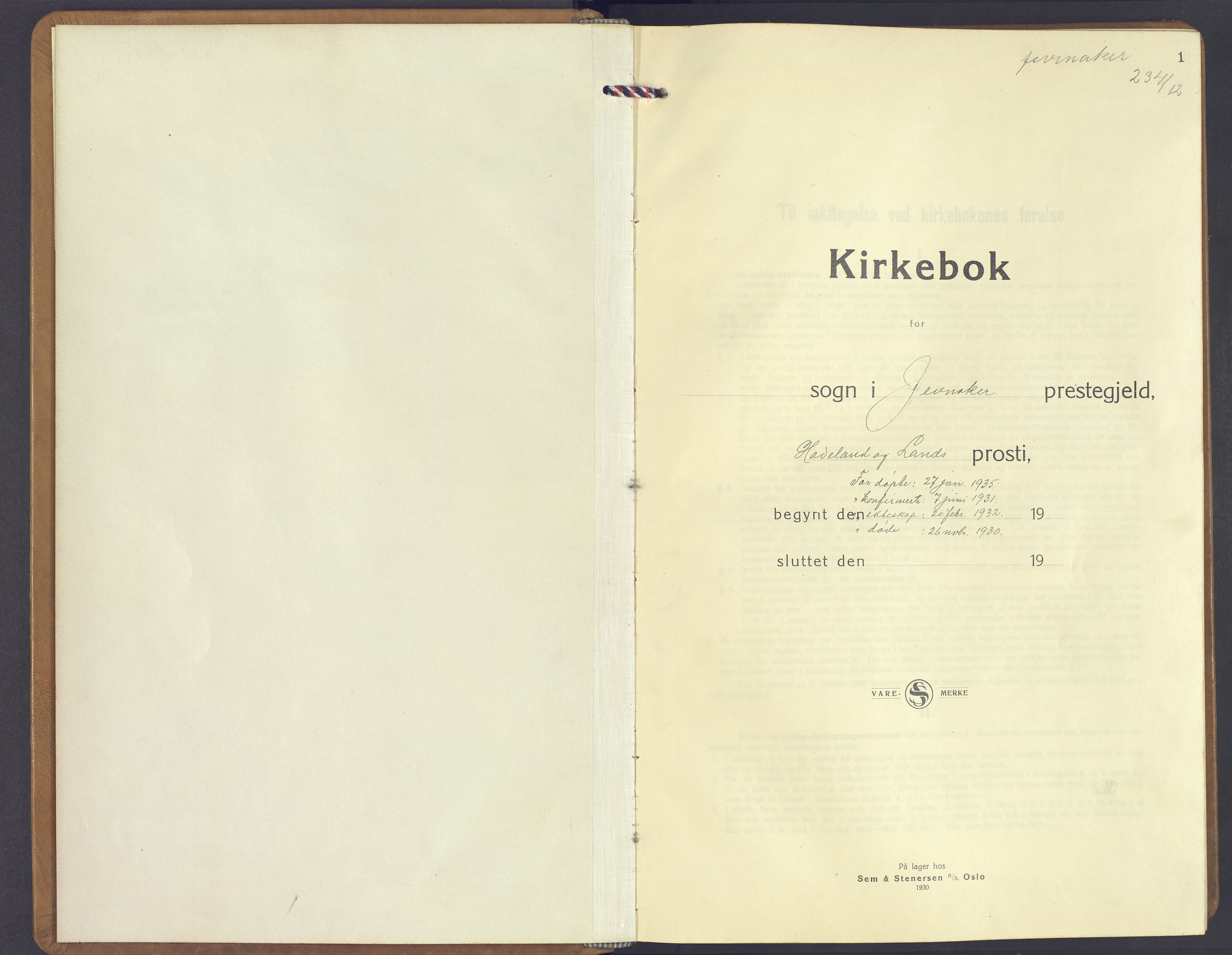 Jevnaker prestekontor, SAH/PREST-116/H/Ha/Hab/L0006: Parish register (copy) no. 6, 1930-1945, p. 1