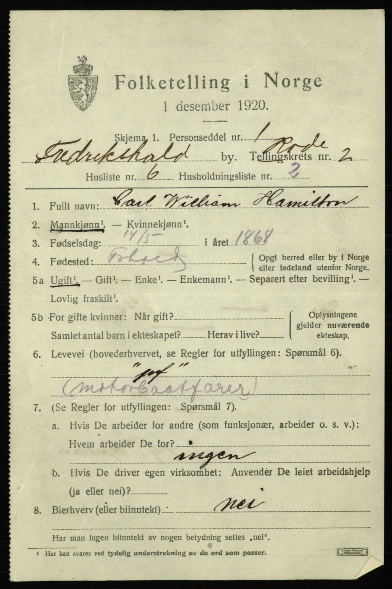 SAO, 1920 census for Fredrikshald, 1920, p. 9344