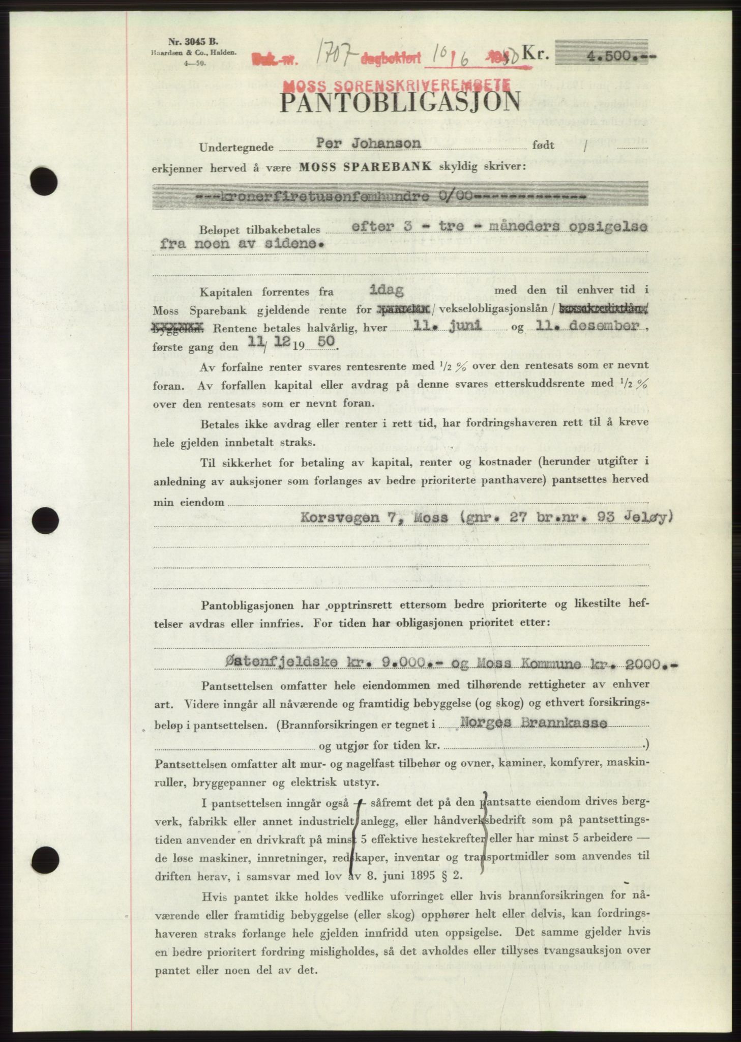 Moss sorenskriveri, AV/SAO-A-10168: Mortgage book no. B24, 1950-1950, Diary no: : 1707/1950