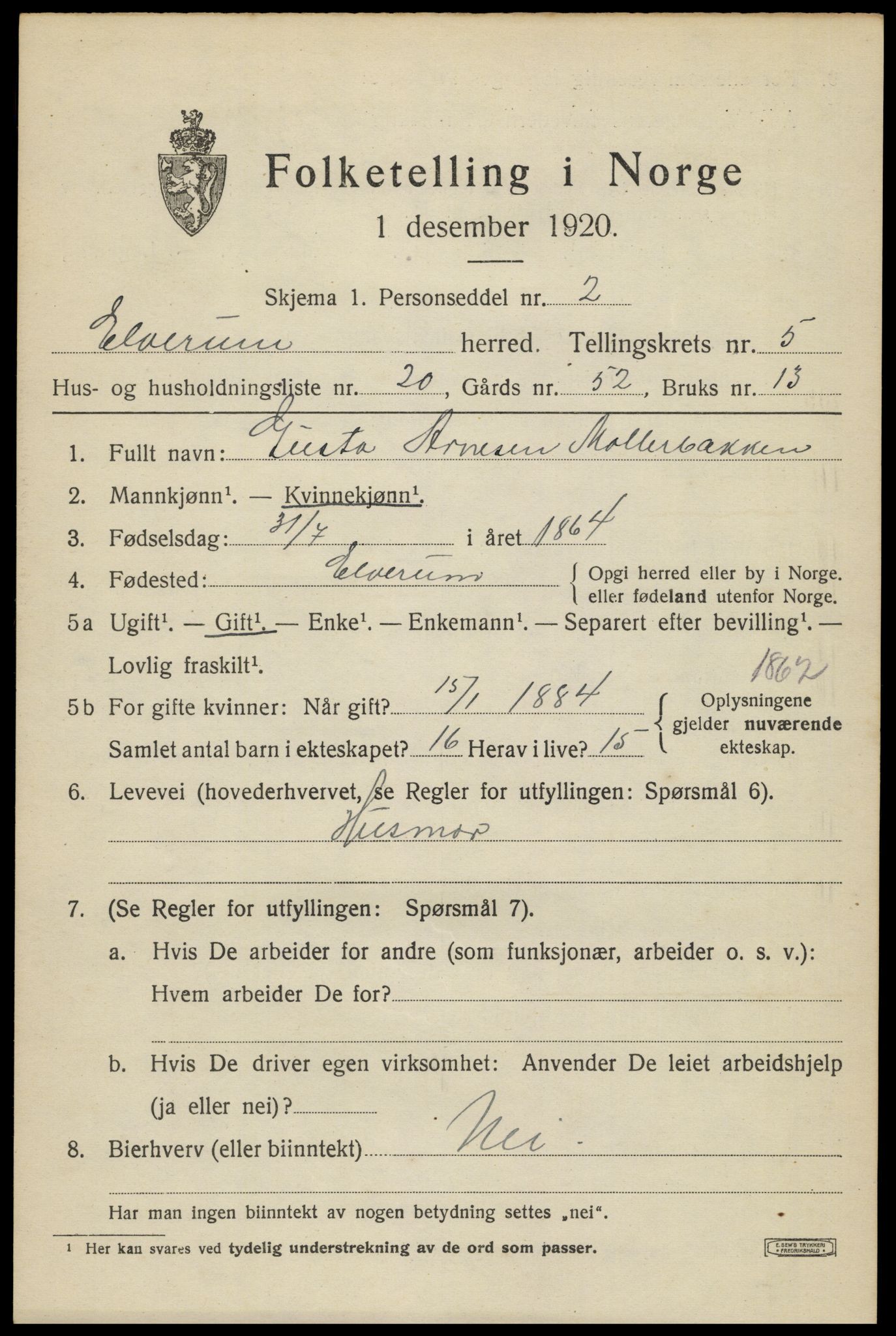 SAH, 1920 census for Elverum, 1920, p. 7722