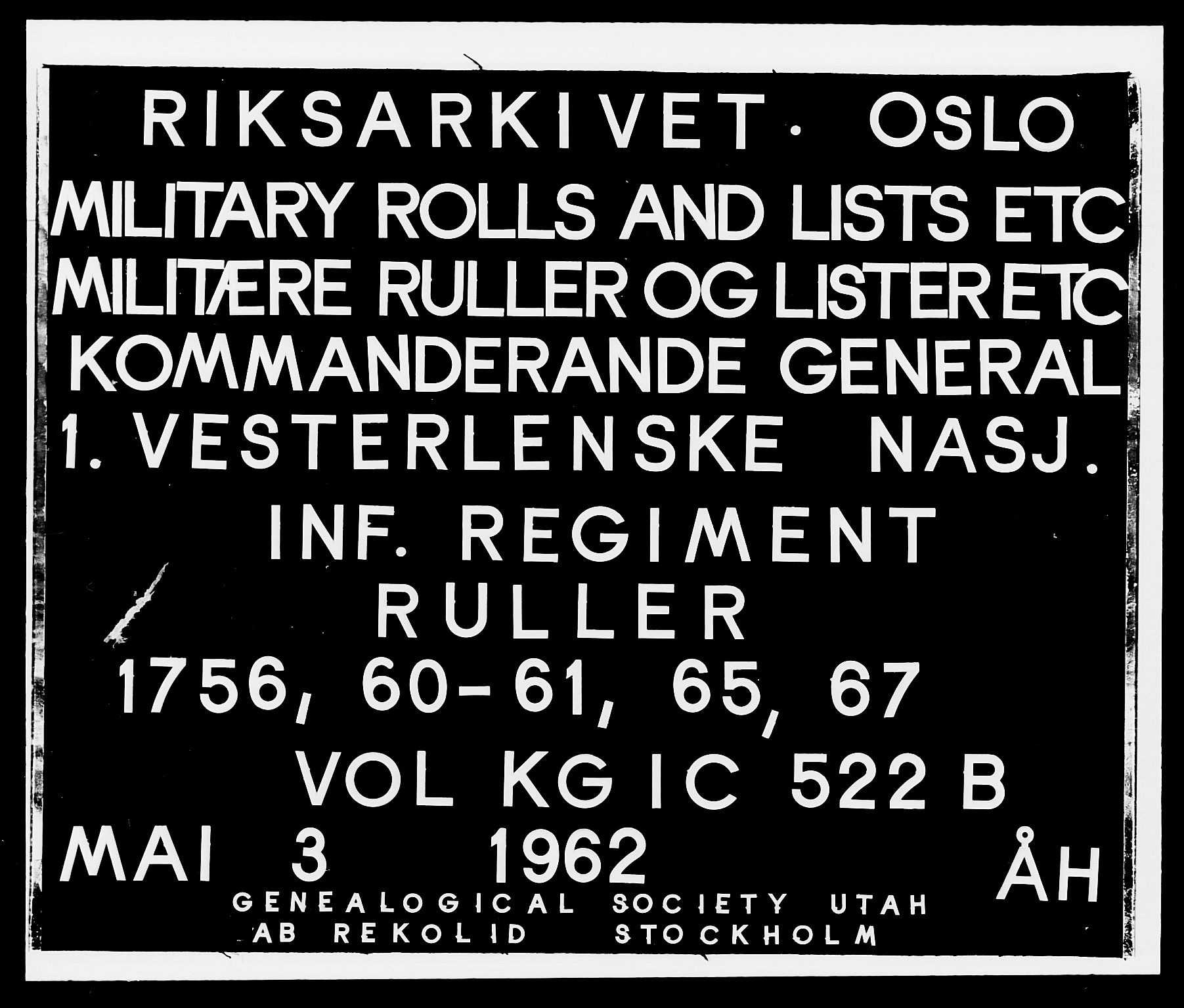 Kommanderende general (KG I) med Det norske krigsdirektorium, RA/EA-5419/E/Ea/L0522b: 1. Vesterlenske regiment, 1756-1767, p. 1