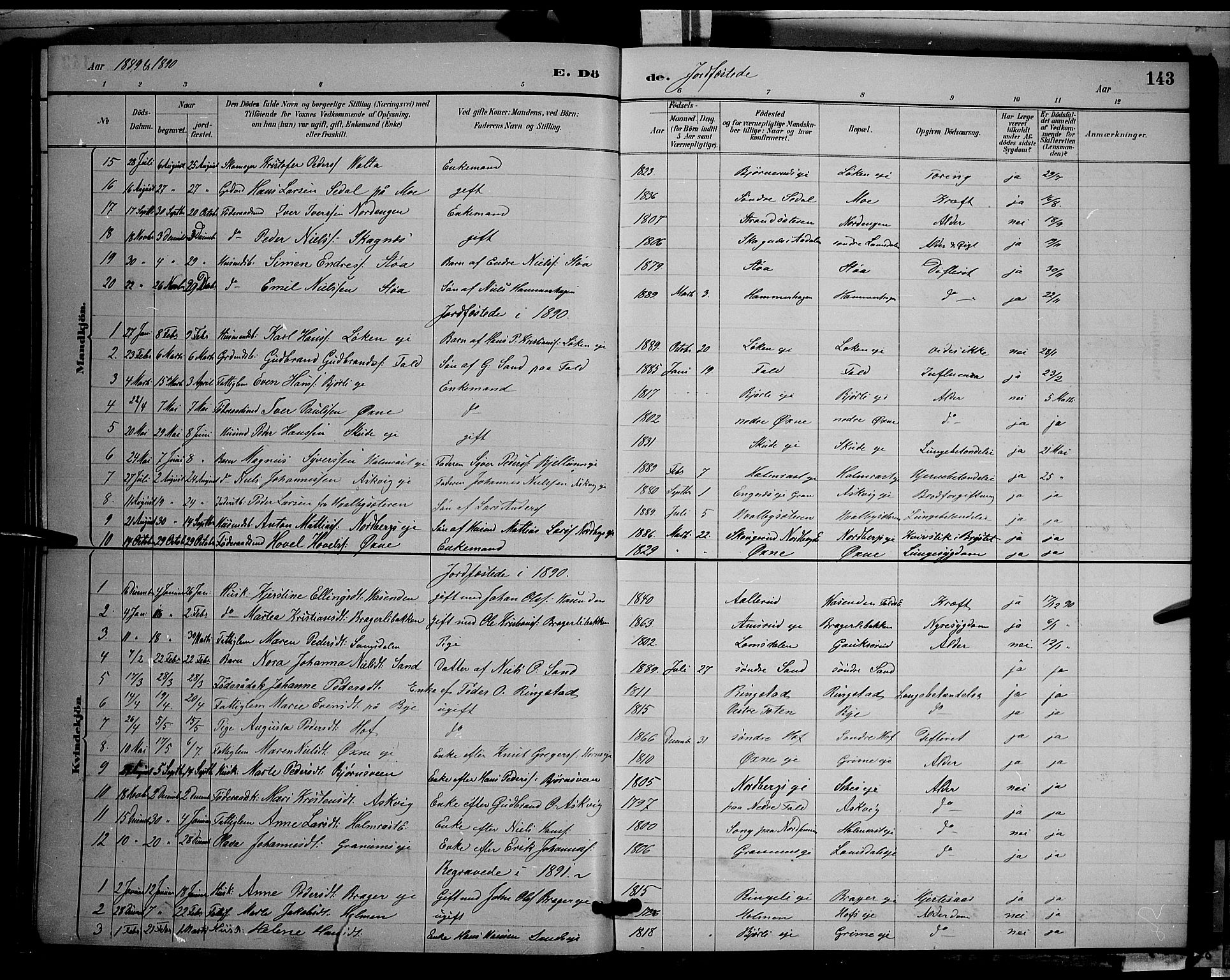 Søndre Land prestekontor, AV/SAH-PREST-122/L/L0002: Parish register (copy) no. 2, 1884-1900, p. 143