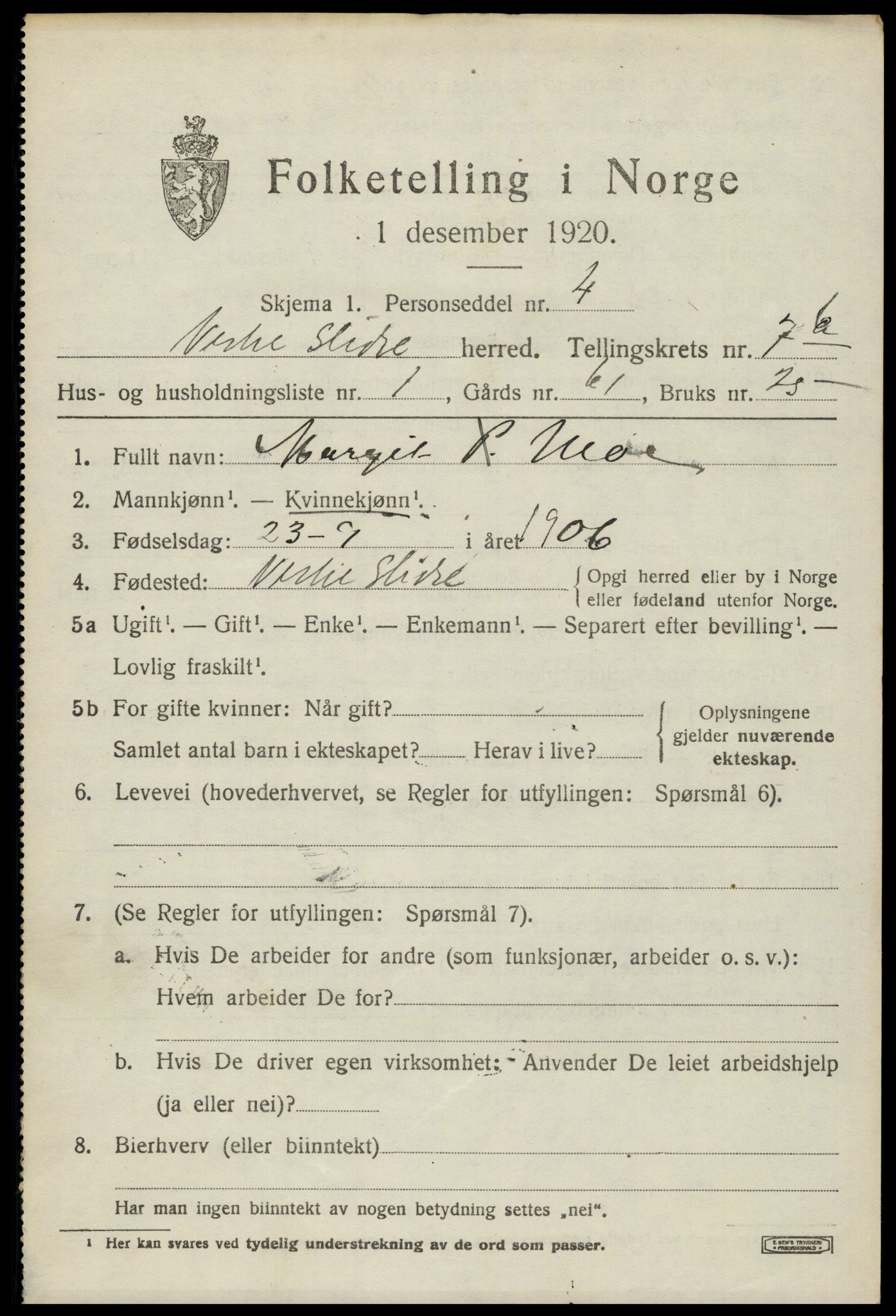 SAH, 1920 census for Vestre Slidre, 1920, p. 4040