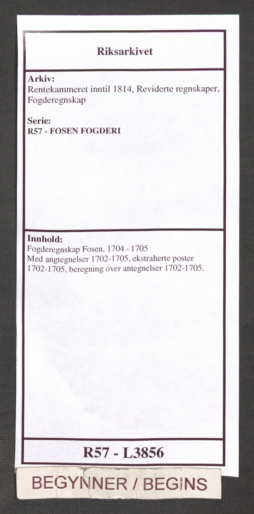 Rentekammeret inntil 1814, Reviderte regnskaper, Fogderegnskap, AV/RA-EA-4092/R57/L3856: Fogderegnskap Fosen, 1704-1705, p. 1