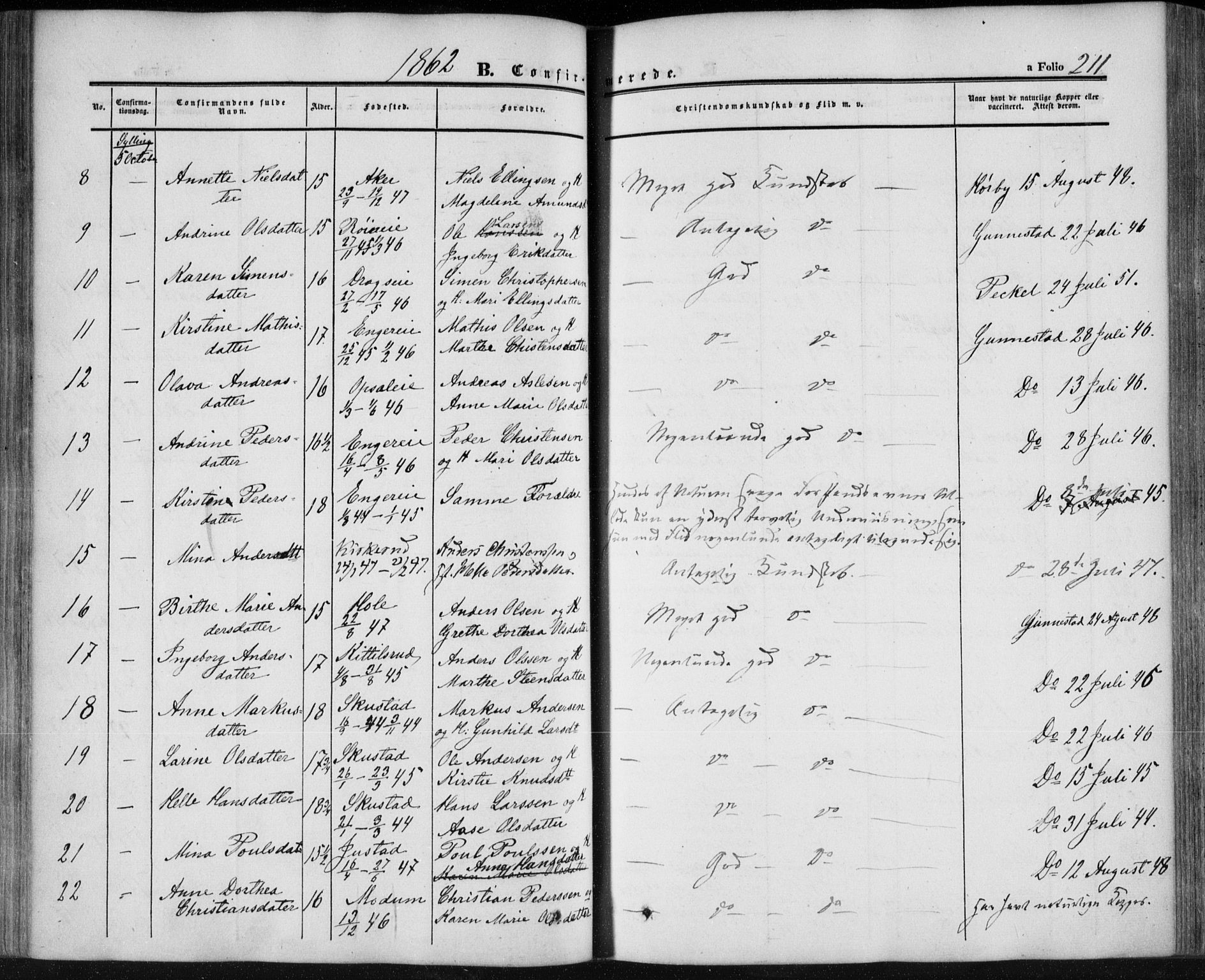 Lier kirkebøker, AV/SAKO-A-230/F/Fa/L0012: Parish register (official) no. I 12, 1854-1864, p. 211