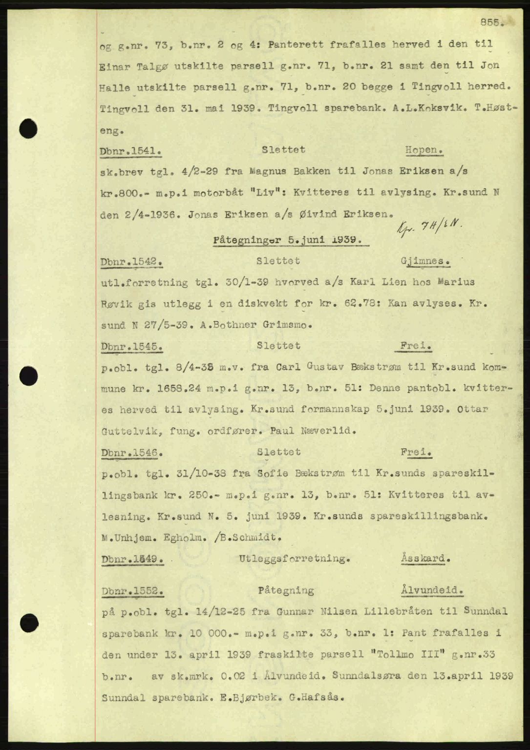 Nordmøre sorenskriveri, AV/SAT-A-4132/1/2/2Ca: Mortgage book no. C80, 1936-1939, Diary no: : 1541/1939