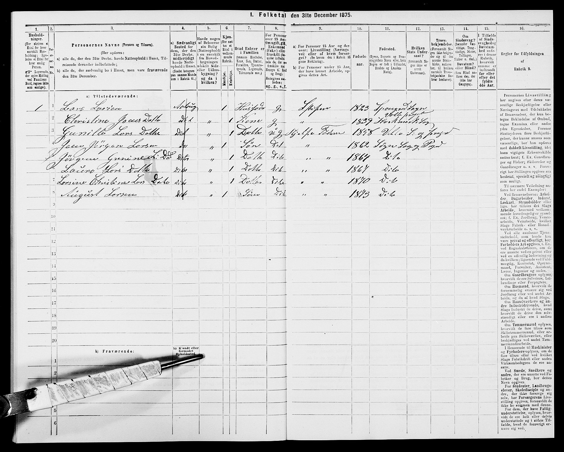 SAK, 1875 census for 1018P Søgne, 1875, p. 741