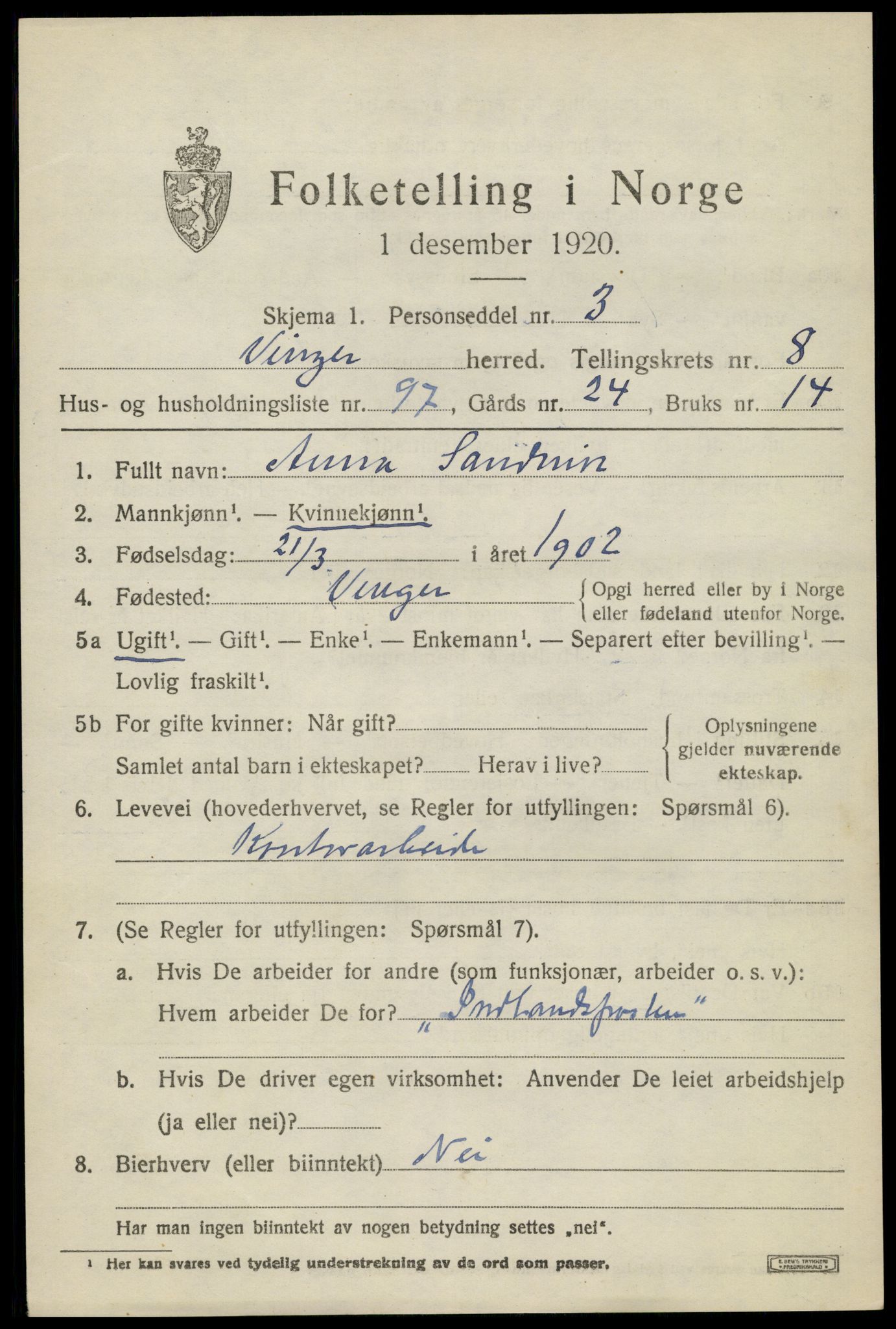 SAH, 1920 census for Vinger, 1920, p. 8148