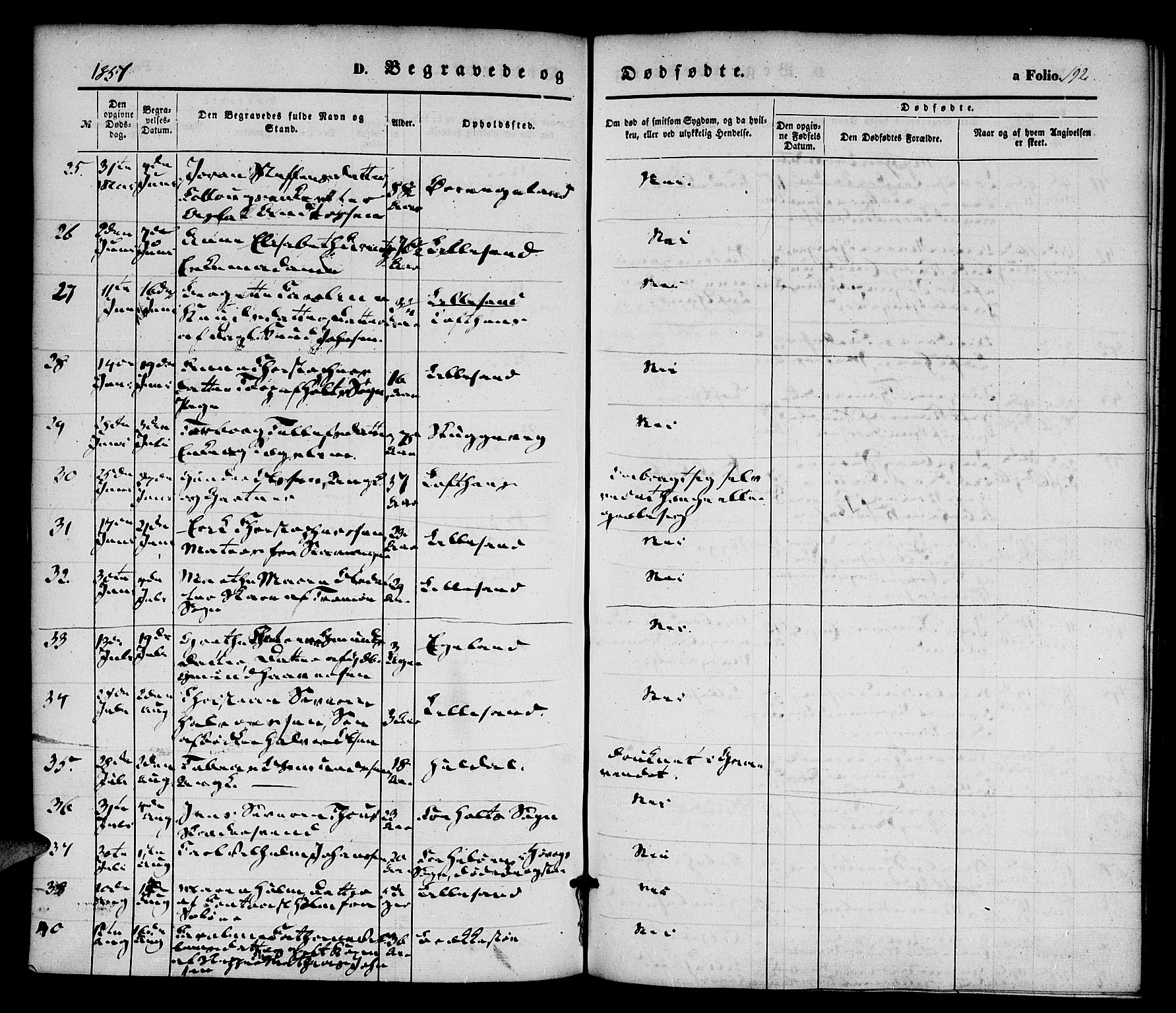 Vestre Moland sokneprestkontor, SAK/1111-0046/F/Fa/Fab/L0006: Parish register (official) no. A 6, 1850-1858, p. 192