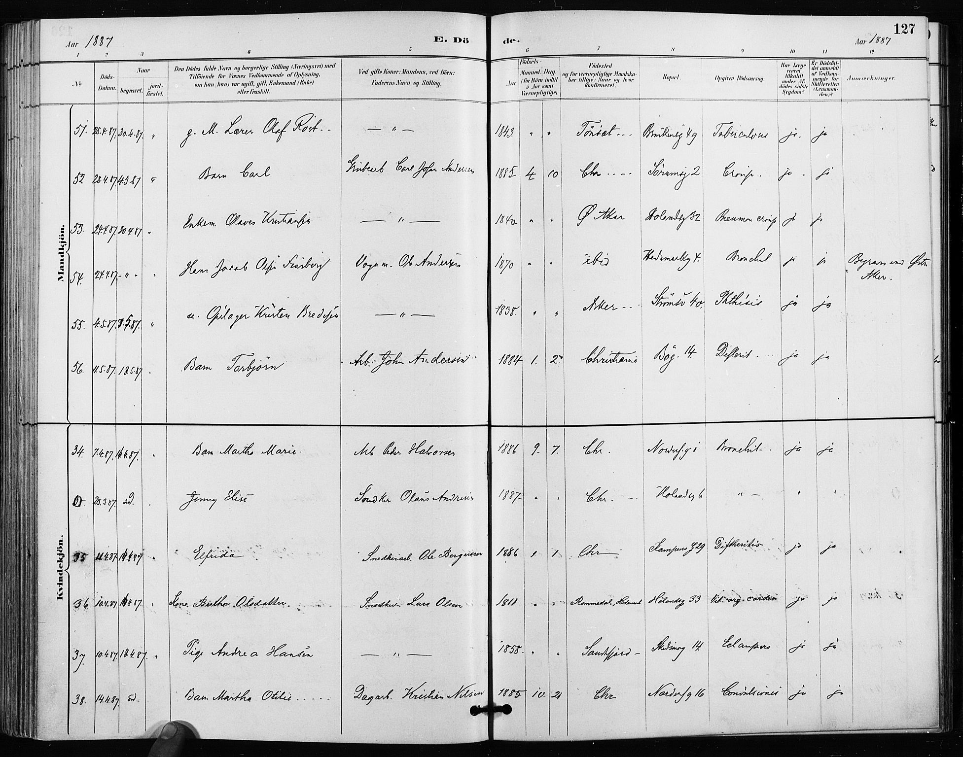 Kampen prestekontor Kirkebøker, AV/SAO-A-10853/F/Fa/L0004: Parish register (official) no. I 4, 1885-1892, p. 127