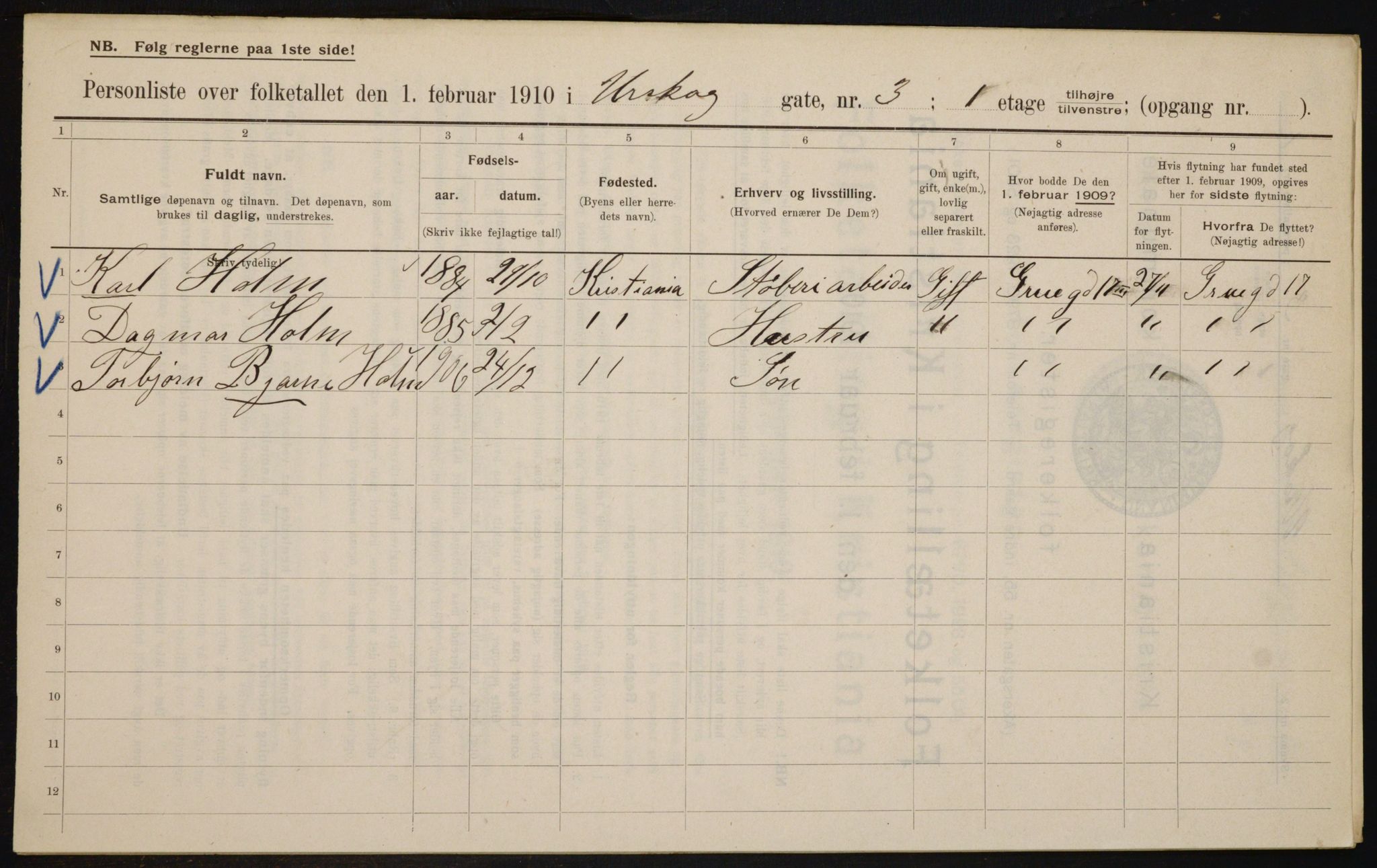 OBA, Municipal Census 1910 for Kristiania, 1910, p. 2451