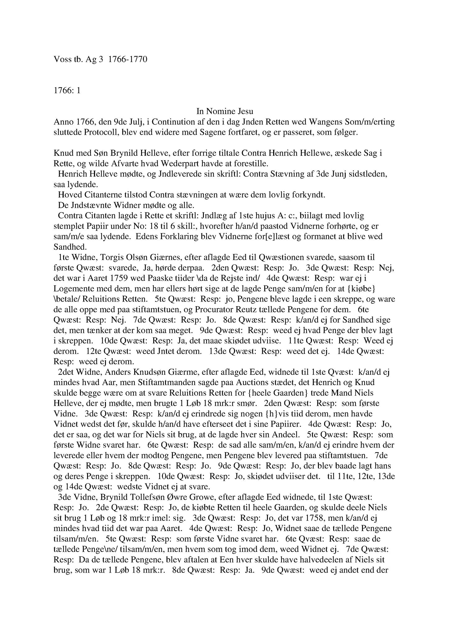 Samling av fulltekstavskrifter, SAB/FULLTEKST/A/12/0064: Hardanger og Voss sorenskriveri, tingbok nr. Ag 3 for Voss, 1766-1770