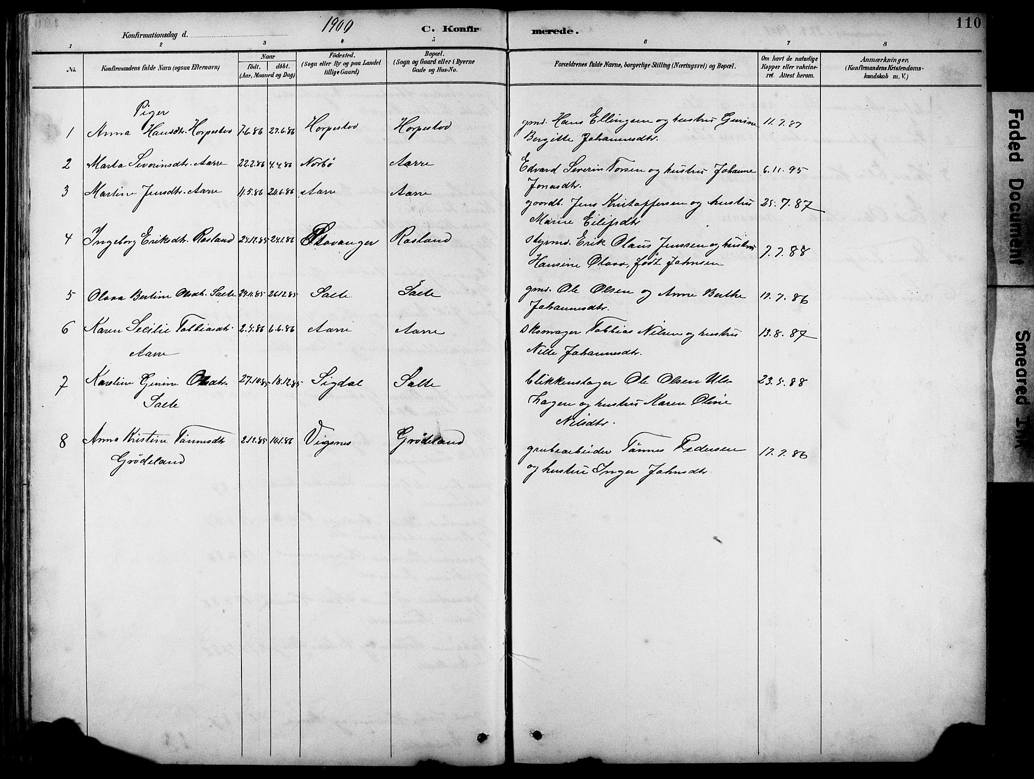 Klepp sokneprestkontor, AV/SAST-A-101803/001/3/30BB/L0005: Parish register (copy) no. B 5, 1889-1918, p. 110