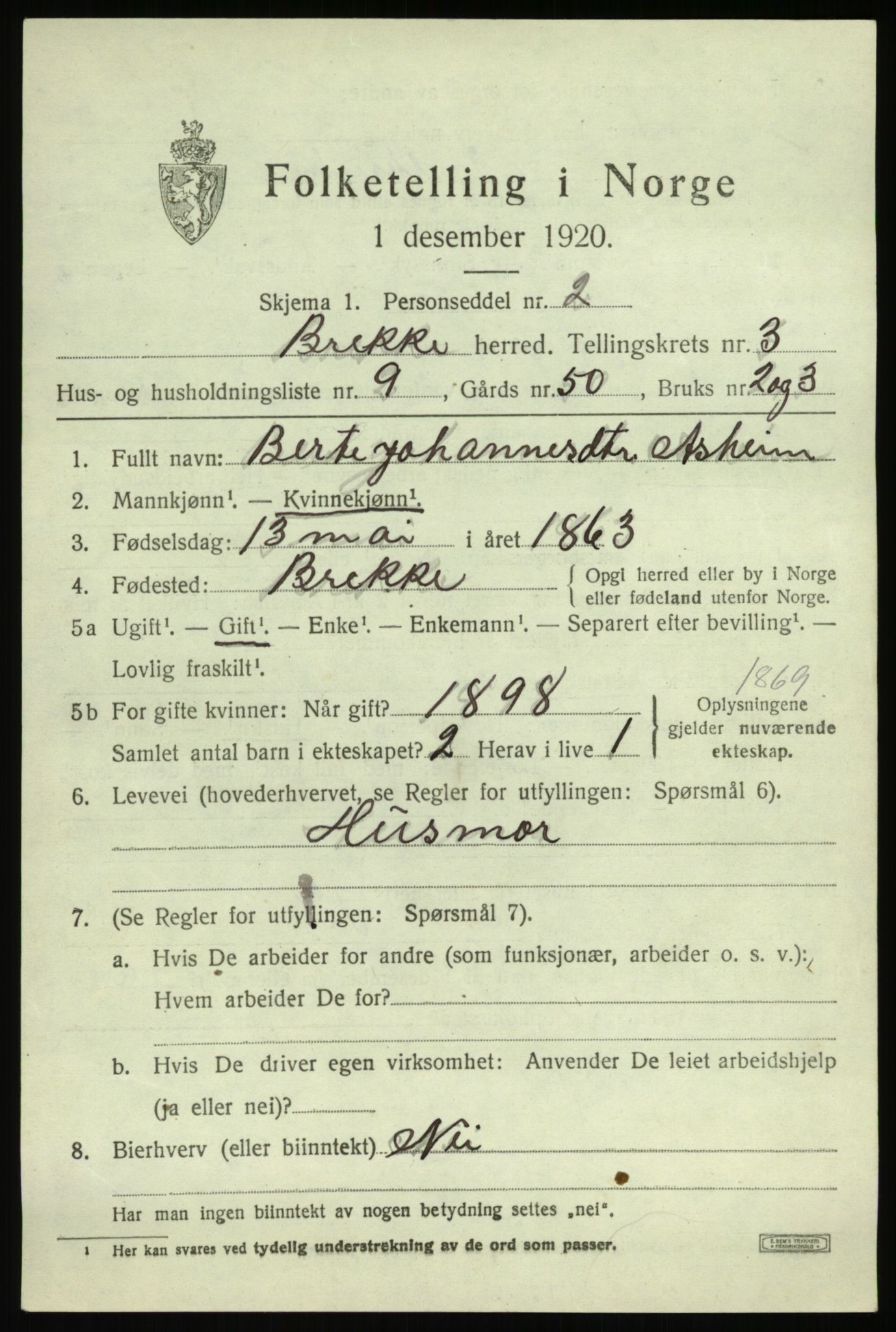 SAB, 1920 census for Brekke, 1920, p. 794