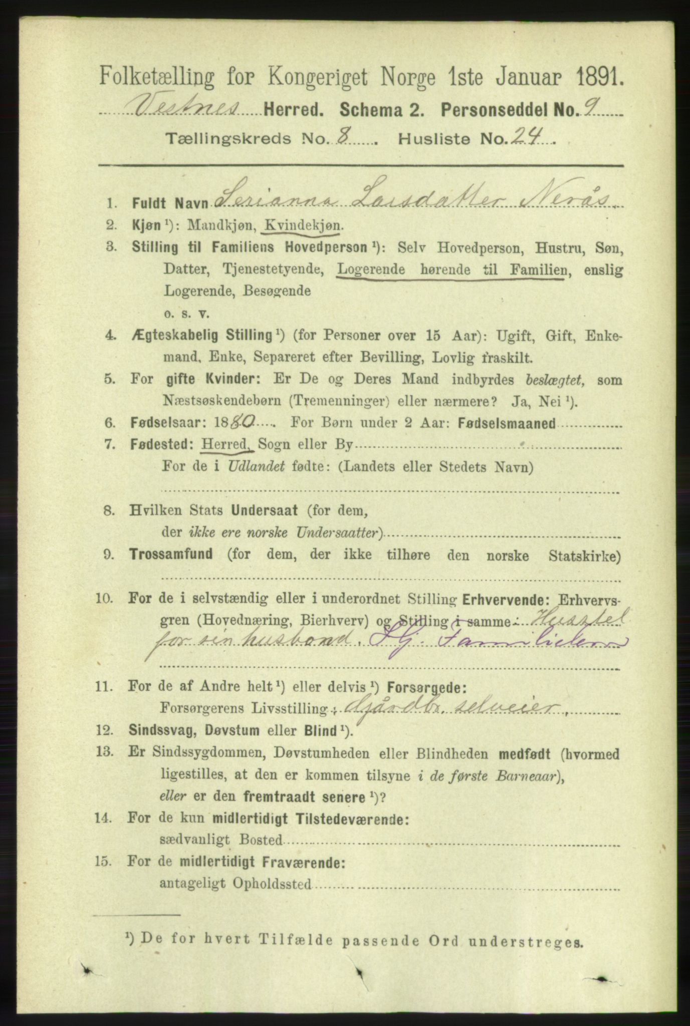 RA, 1891 census for 1535 Vestnes, 1891, p. 3291