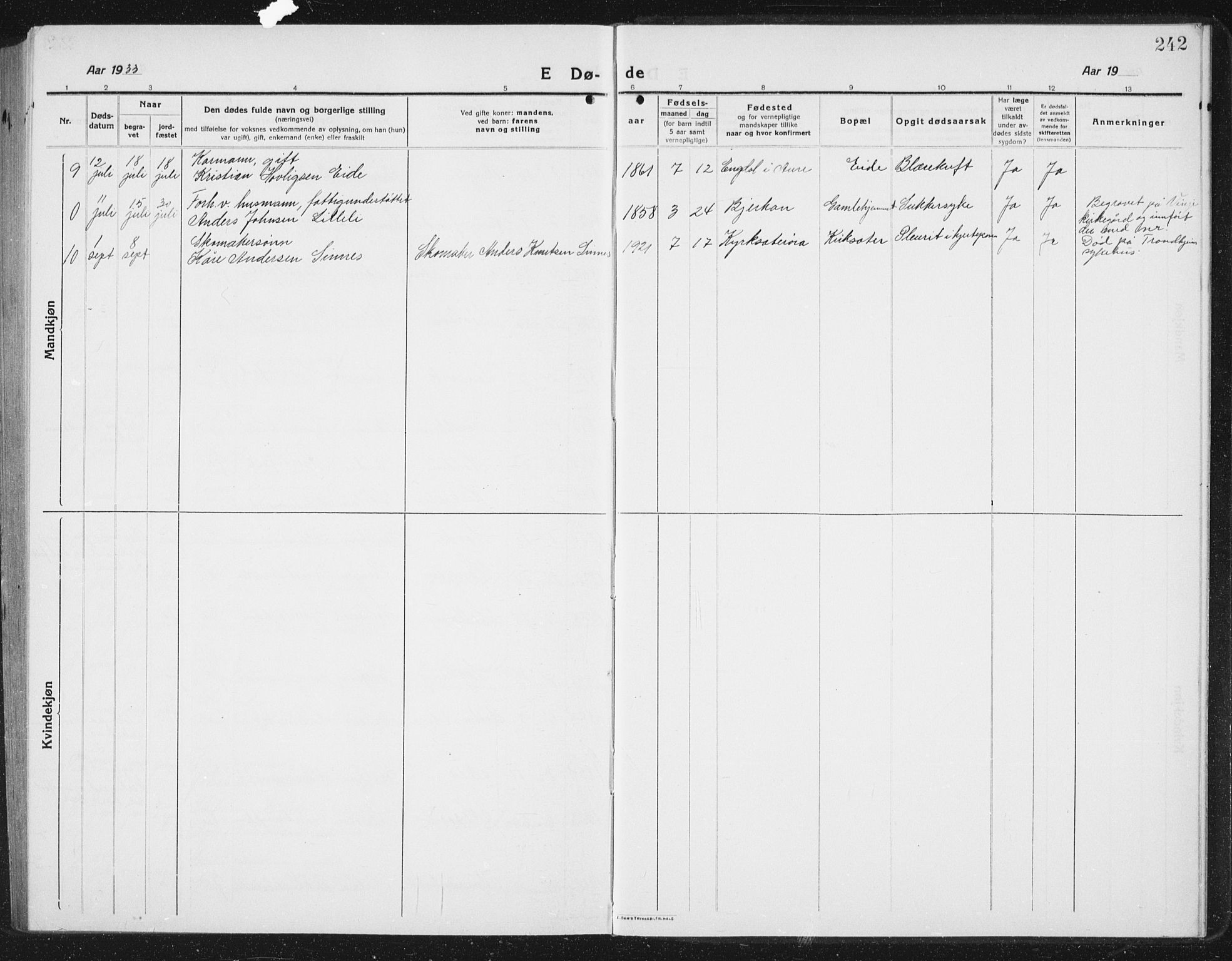 Ministerialprotokoller, klokkerbøker og fødselsregistre - Sør-Trøndelag, SAT/A-1456/630/L0506: Parish register (copy) no. 630C04, 1914-1933, p. 242