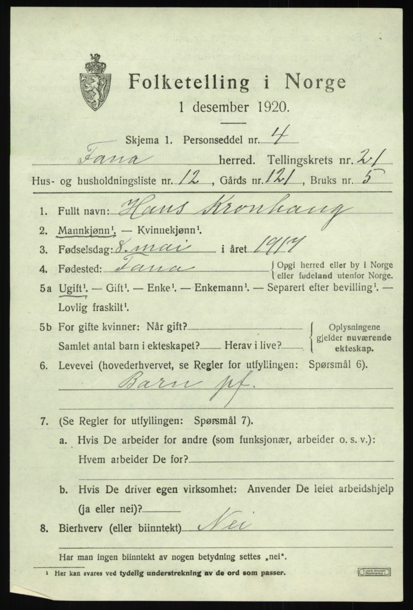 SAB, 1920 census for Fana, 1920, p. 24811