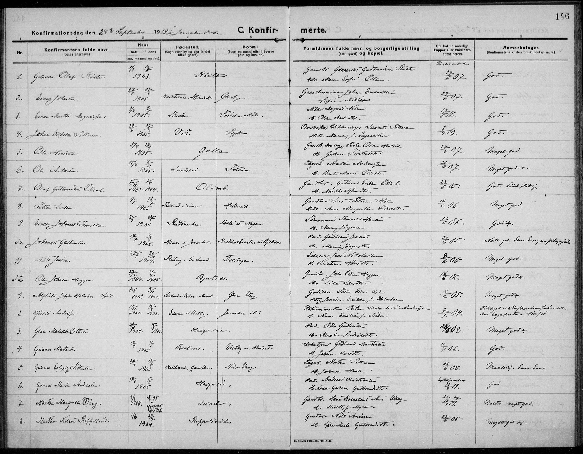 Jevnaker prestekontor, AV/SAH-PREST-116/H/Ha/Haa/L0012: Parish register (official) no. 12, 1914-1924, p. 146