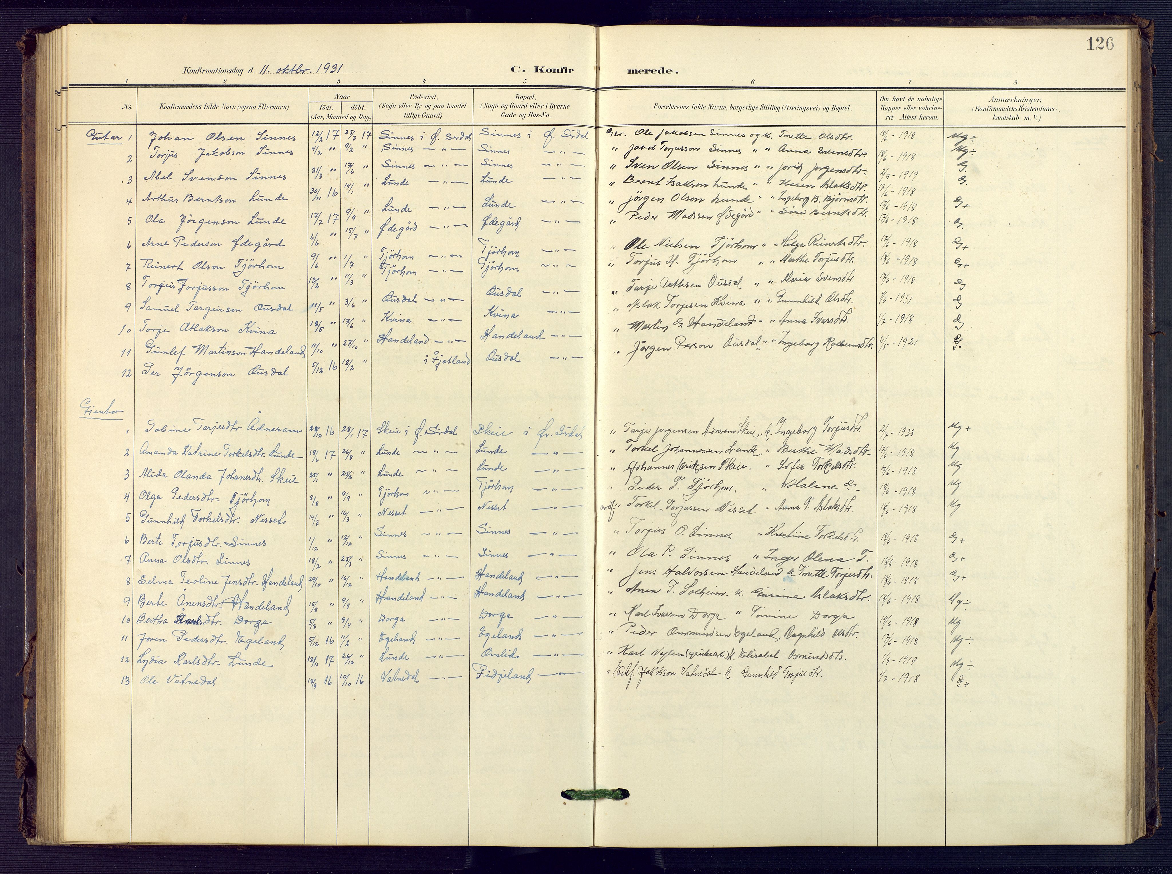 Sirdal sokneprestkontor, AV/SAK-1111-0036/F/Fb/Fba/L0002: Parish register (copy) no. B 2, 1905-1958, p. 126