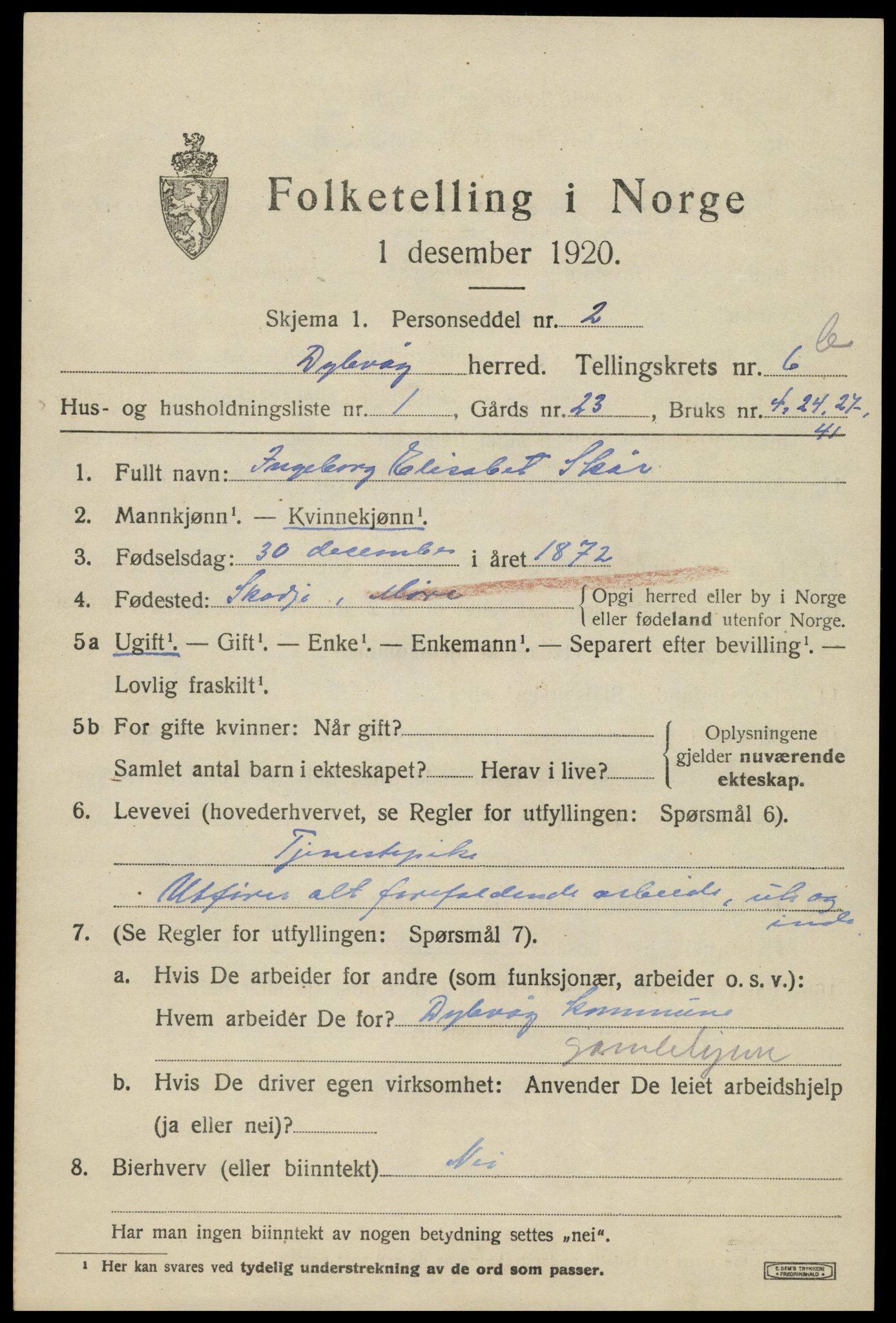 SAK, 1920 census for Dypvåg, 1920, p. 5411