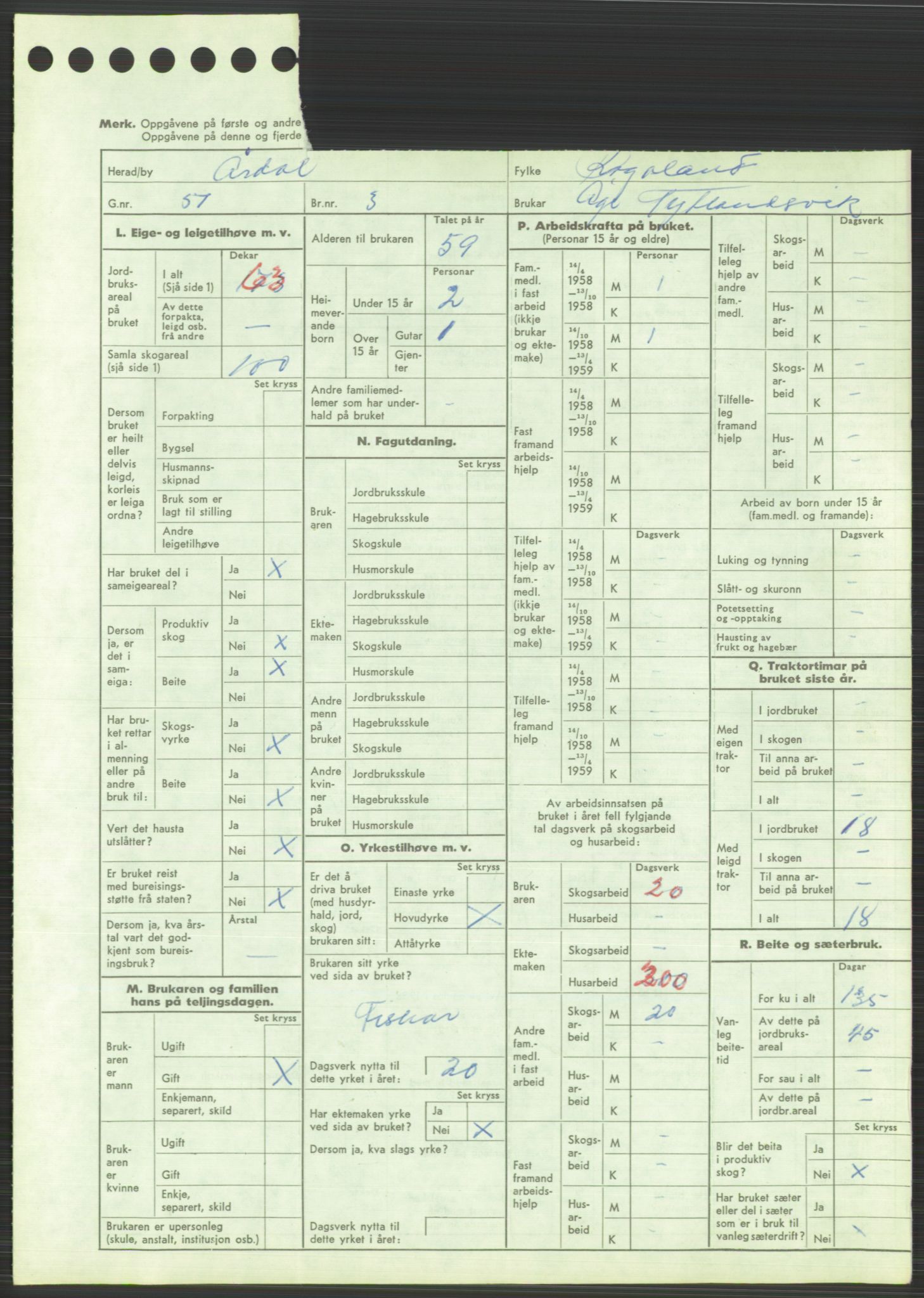 Statistisk sentralbyrå, Næringsøkonomiske emner, Jordbruk, skogbruk, jakt, fiske og fangst, AV/RA-S-2234/G/Gd/L0373: Rogaland: 1130 Strand (kl. 1-2), 1131 Årdal og 1132 Fister, 1959, p. 1249