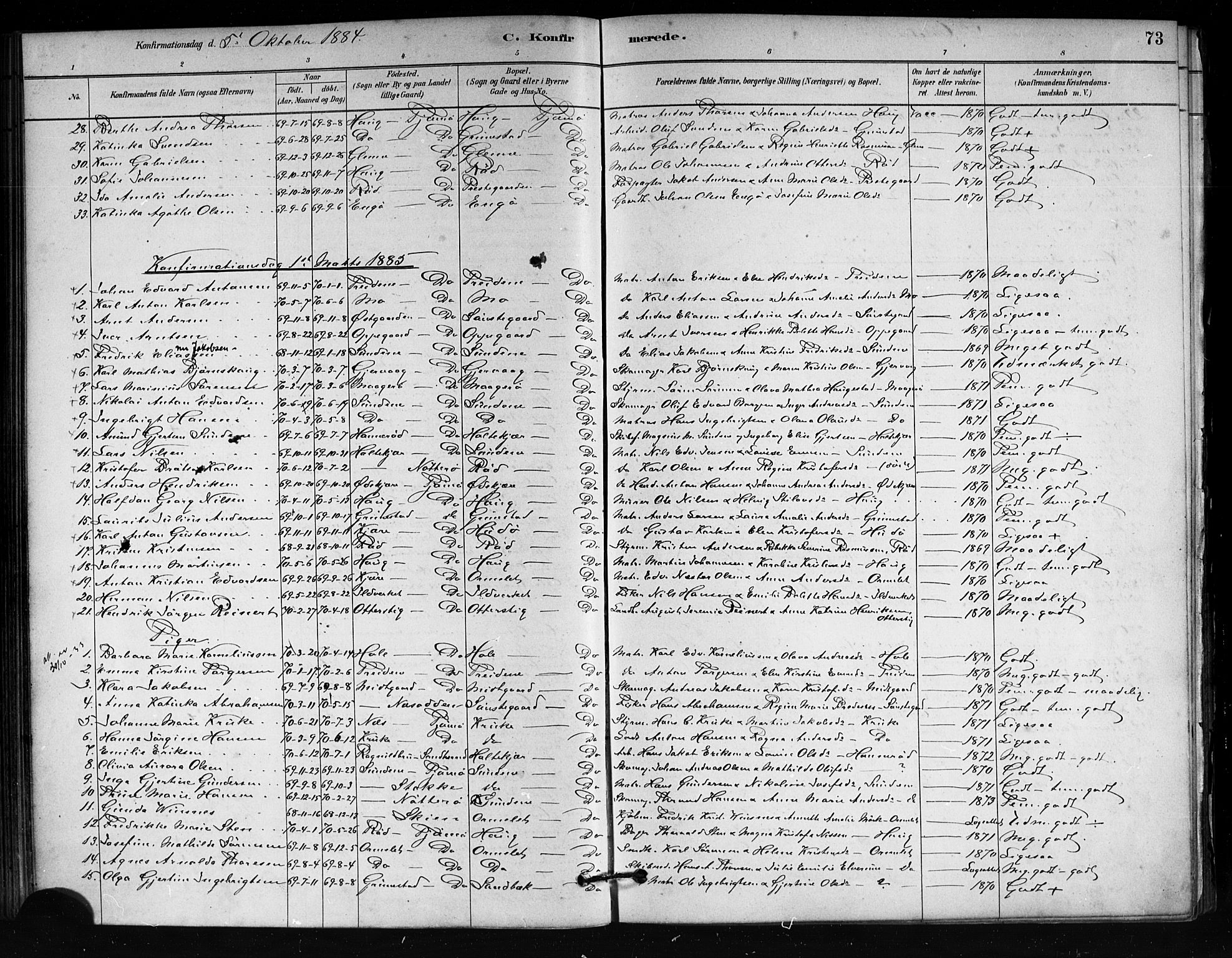 Tjøme kirkebøker, AV/SAKO-A-328/F/Fa/L0001: Parish register (official) no. I 1, 1879-1890, p. 73