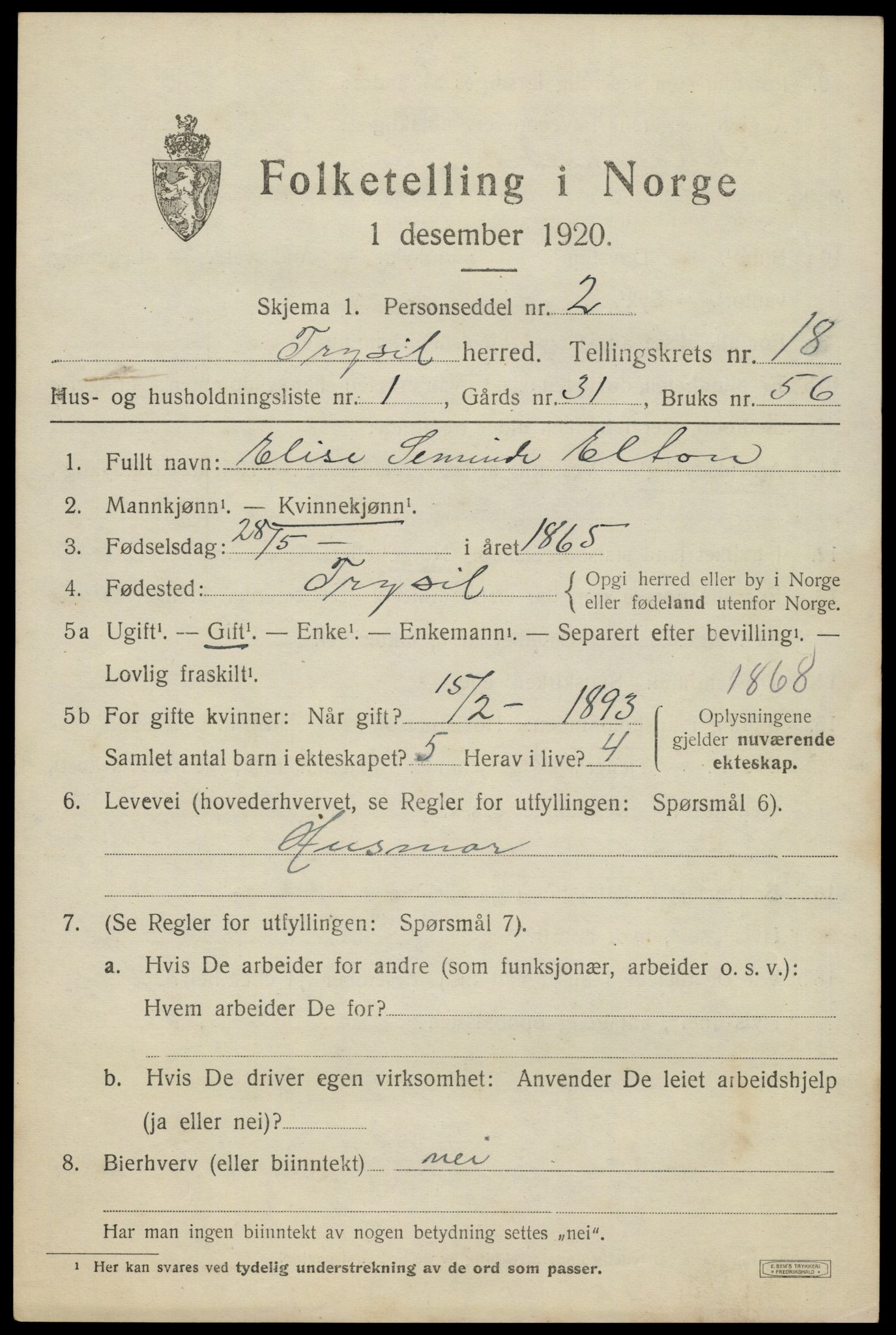 SAH, 1920 census for Trysil, 1920, p. 11905