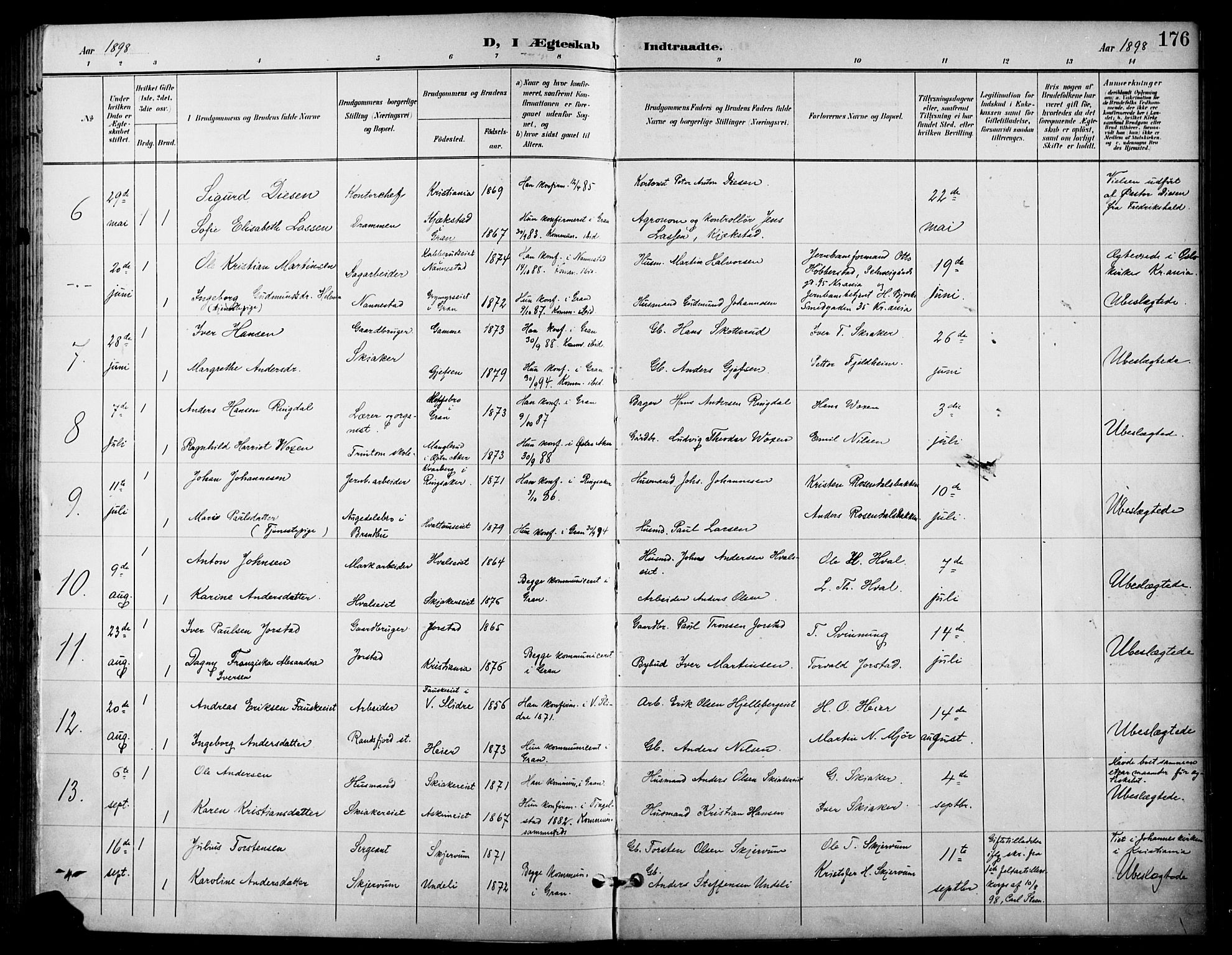 Gran prestekontor, SAH/PREST-112/H/Ha/Haa/L0019: Parish register (official) no. 19, 1898-1907, p. 176