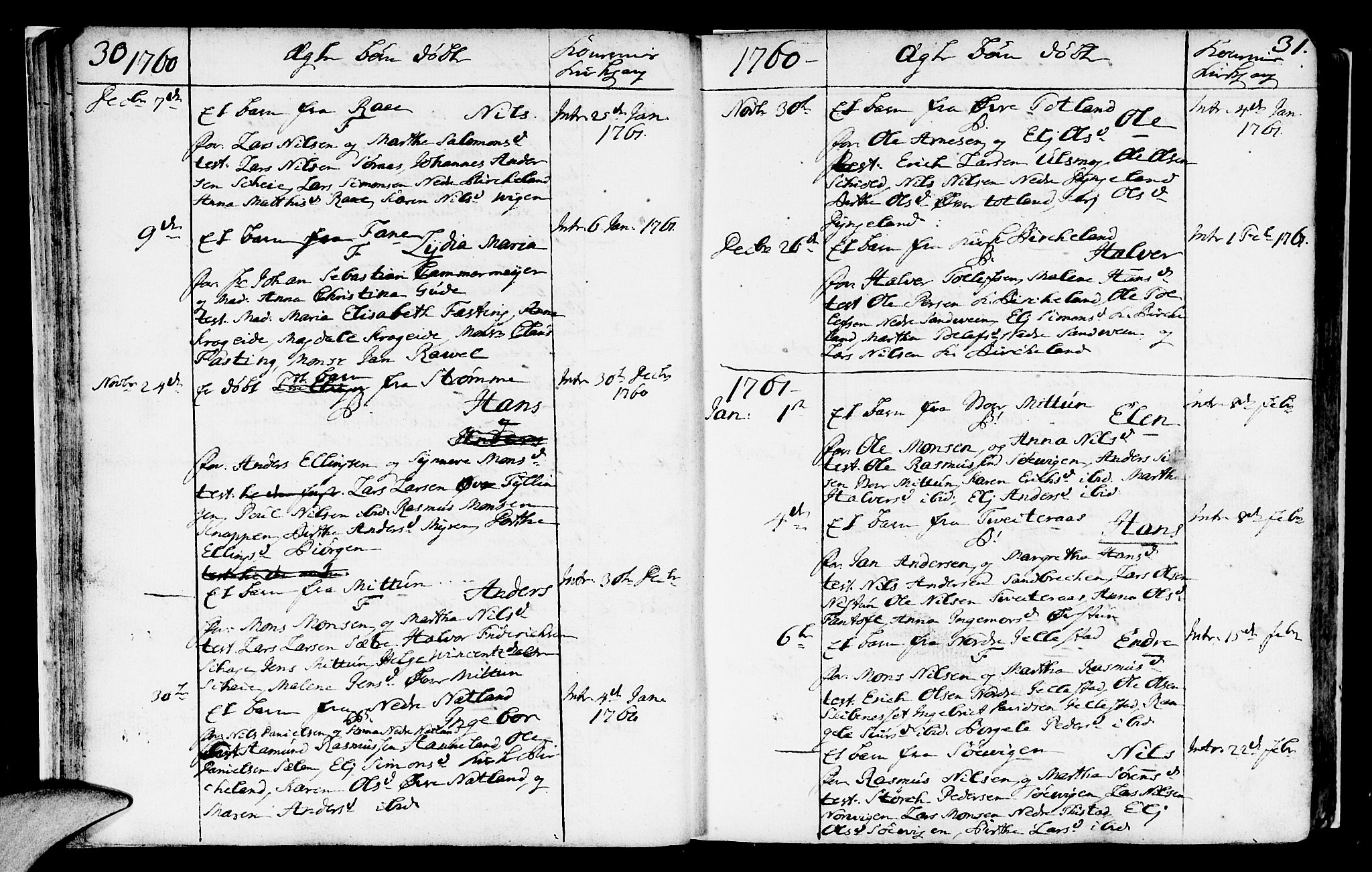 Fana Sokneprestembete, AV/SAB-A-75101/H/Haa/Haaa/L0004: Parish register (official) no. A 4, 1757-1774, p. 30-31