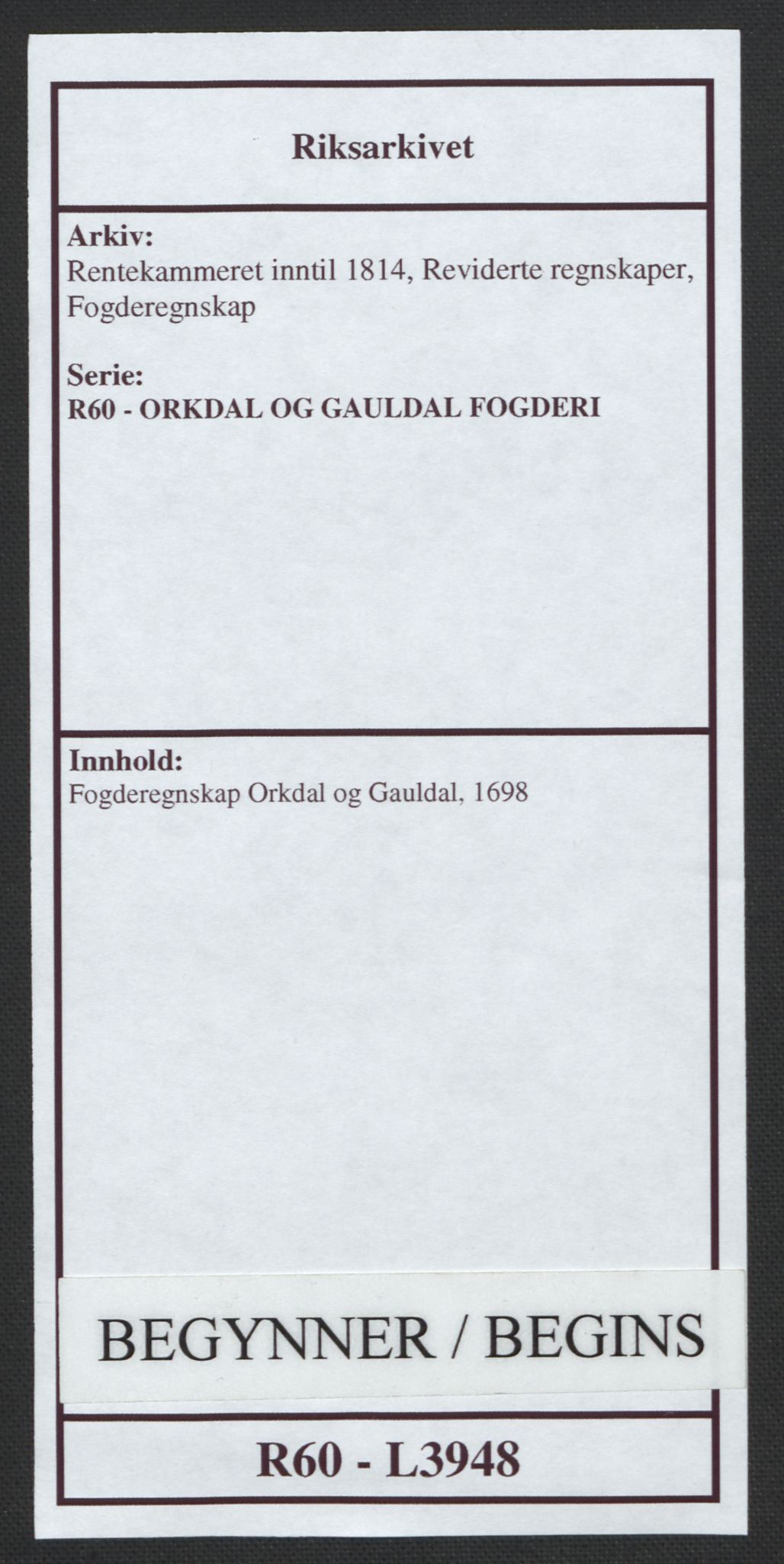 Rentekammeret inntil 1814, Reviderte regnskaper, Fogderegnskap, AV/RA-EA-4092/R60/L3948: Fogderegnskap Orkdal og Gauldal, 1698, p. 1