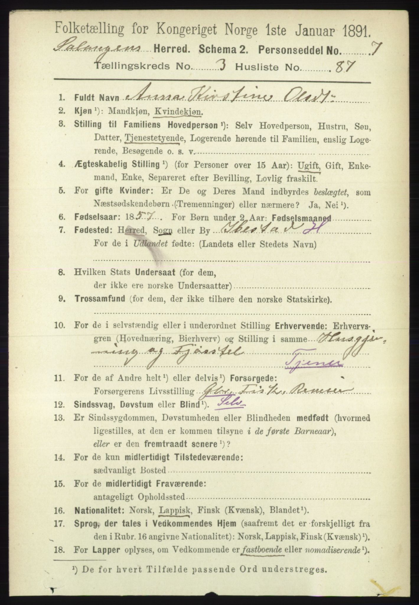 RA, 1891 census for 1921 Salangen, 1891, p. 1726