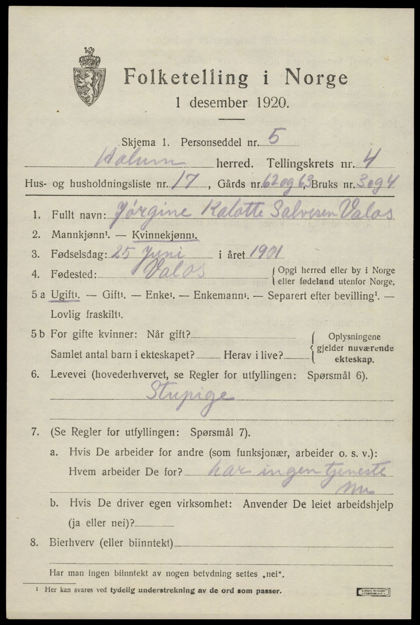 SAK, 1920 census for Holum, 1920, p. 2107